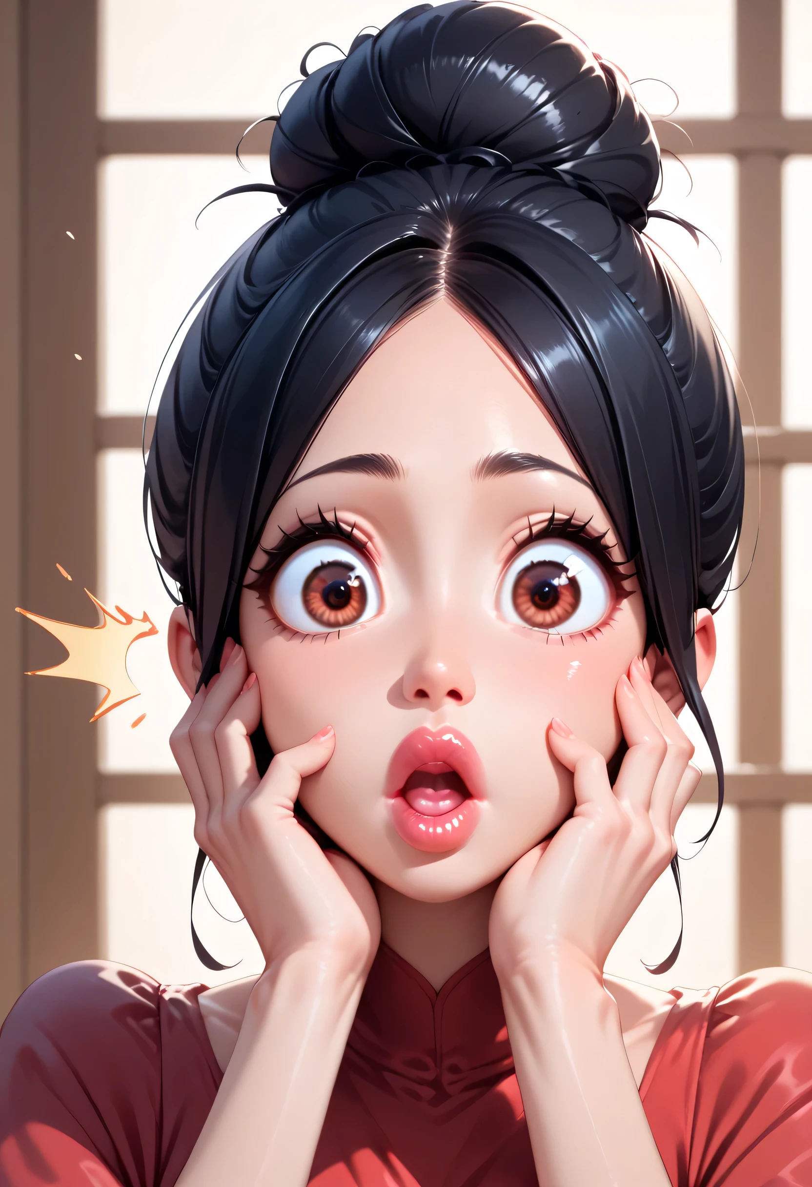 ((Perfect Face, Black Hair Bun, Big Eyes, Brown Eyes, Black Thick Lips, Surprised, Female Beautiful, Hands On Own Face)), (Anime Girl, Illustration, Drawn, Portrait, Solo)