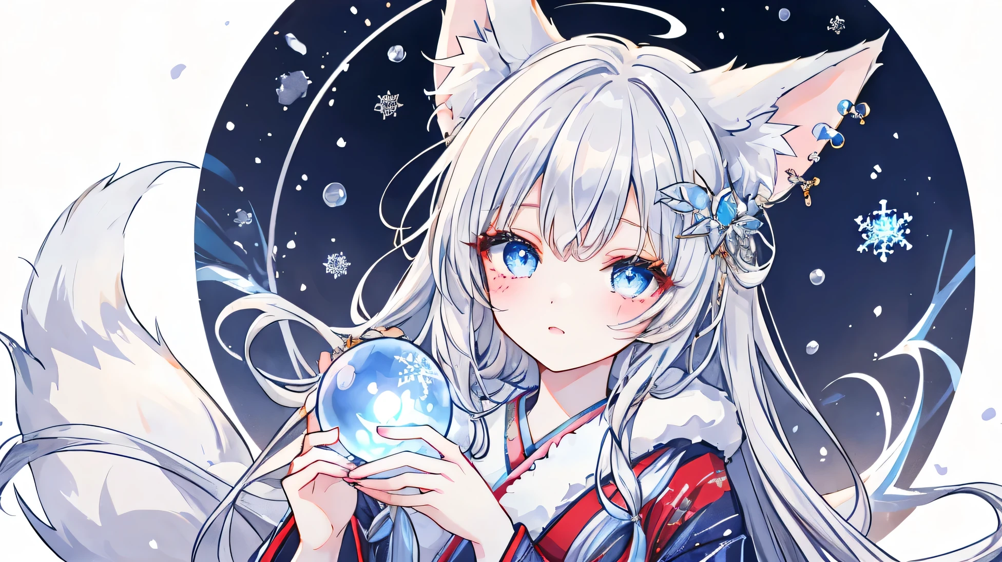 Masterpiece, Best Quality, Top Quality, Very Detailed, 1 girl, An enchanting anime-style fox girl with long, flowing silver hair and piercing blue eyes, set in a mystical snowy landscape. She has nine fluffy white tails and fox ears adorned with delicate ice crystal ornaments. Her face is marked with red tribal whiskers, enhancing her ethereal charm. She wears an elegant, fur-lined kimono with silver embroidery and red accents. Holding a glowing, icy-blue orb in her hands, she gazes mesmerizingly, as snowflakes dance around her in a soft winter storm. The background features a blurred, frost-covered battlefield, adding depth and mystery. 