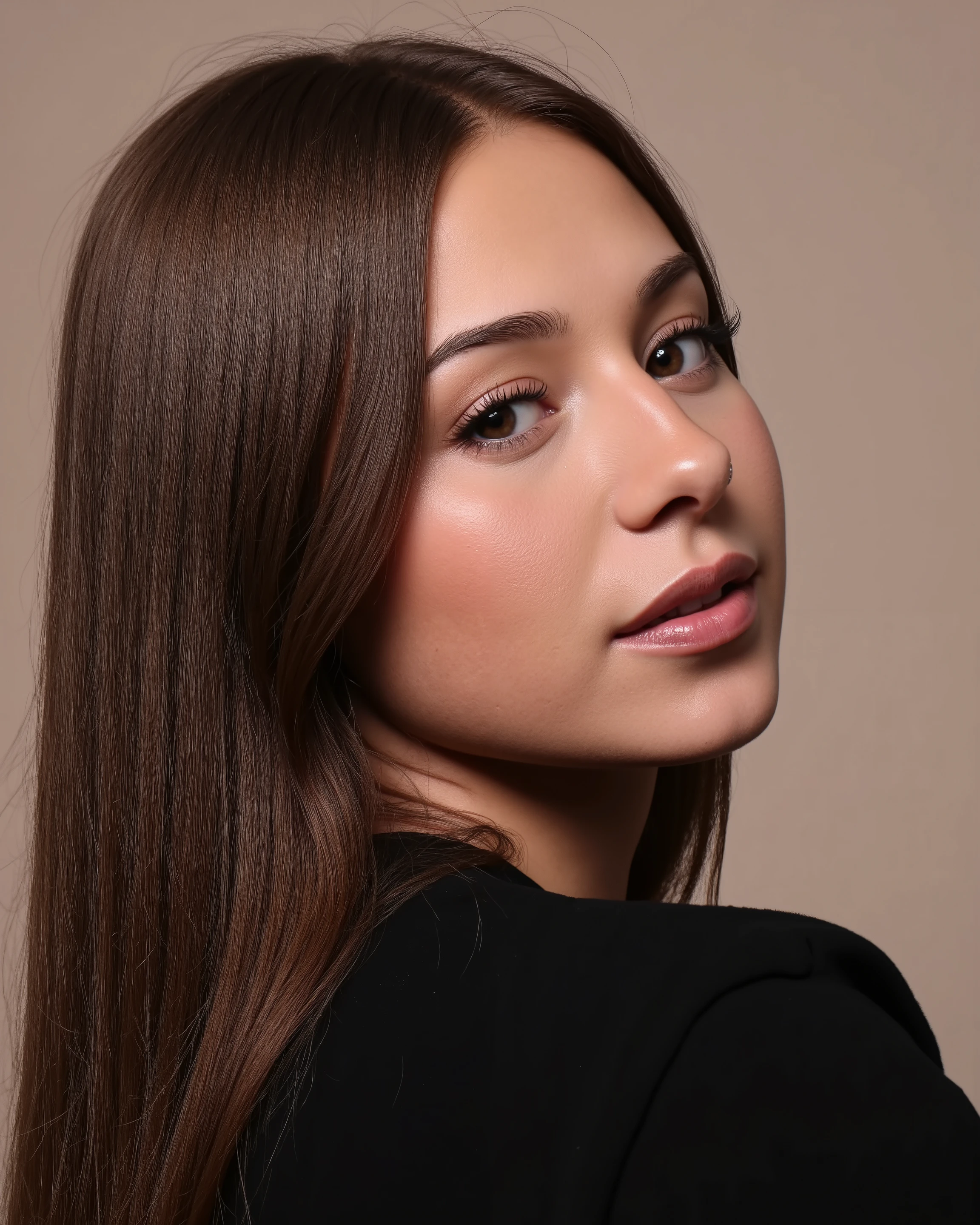 hyper realistic, aqheodd, realistic style, a woman with long hair and black shirt, face of a 25 year old woman, triangular face with slightly highlighted maximum, young face without expression marks, delicate face, princess face, girl, alone, long hair, flowing and shiny hair, well hydrated hair, profile picture, looking at the viewer, blonde hair, brown hair, jewelry, earrings, prominent and fleshy lips, perfect nose, amber eyes, her skin is super detailed and textured, she is smiling sexy slightly with the smile of the corner, she transmits peace with her calm and serene look, natural lighting, studio photo shoot, concentrated neutral background, professional forography, portrait professional very high quality and modern, image is high quality, super sharp, picture and 8k, high definition