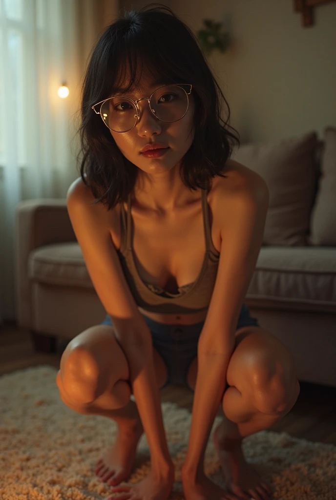 Pubic hair grows、Smile full of happiness、(((sexual )))、、、Panting face、Lacking、After being attacked、Sweating、Expression in a state of excitement、short-hair、eye glass、fullnude(nearly ?????:1.3)、(((:1.3)))、Plaid miniskirt、a black and white photo、(((Open both ankles wide:1.3)))