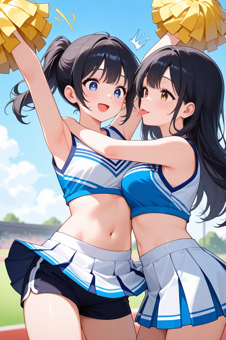 highest quality、High resolution、detailed background、cute10代の女の子、two beautiful girls、brown hair、bob cut、braided ponytail、(huge breasts:1.3)、perfect body line、big ass、vast sky、jump and fly in the sky、(Cheerleader、I&#39;We&#39;re rooting for you)、(pom pom:1.2)、(emphasize the chest、emphasize the underboob)、legs open、panty shot、cute、elation、
(シースルー素材のsleeveless sailor suit:1.2)、(see-through skirt:1.2)、sleeveless sailor suit、
sailor color, This is a characteristic of sailor uniforms., Cheerleaderのユニフォームにも使われています.、
It is common to incorporate navy or black lines into white colors.、
一般的なsailor colorはV字型またはU字型が特徴です。.、
Sailor uniform tops and skirts are generally bright and vibrant colors.、
Cheerleaderも同様です. Incorporating bright colors such as pink、, yellow, And blue, you can show off your vitality and cuteness.、
Cheerleaders&#39; Sailor uniform skirts are basically super mini length..、
Sailor uniform tops often have a ribbon or tie..、
This creates a cute and stylish accent to your uniform.、

stripe々Floral embroidered panties、pink floral embroidered bra、emphasize the underboob、I can see the underboob、angle from below、Low - Angle、とても幸せな表情でIを見てください、open your mouth and smile、smile、healthy、healthyふともも、Healthy and beautiful、legs open、show one&#39;~ side、panty shot、cute