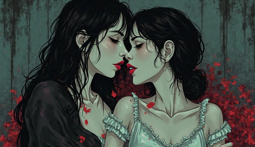 Drawing of a green haired woman hugging a scared black haired woman with a bloody background