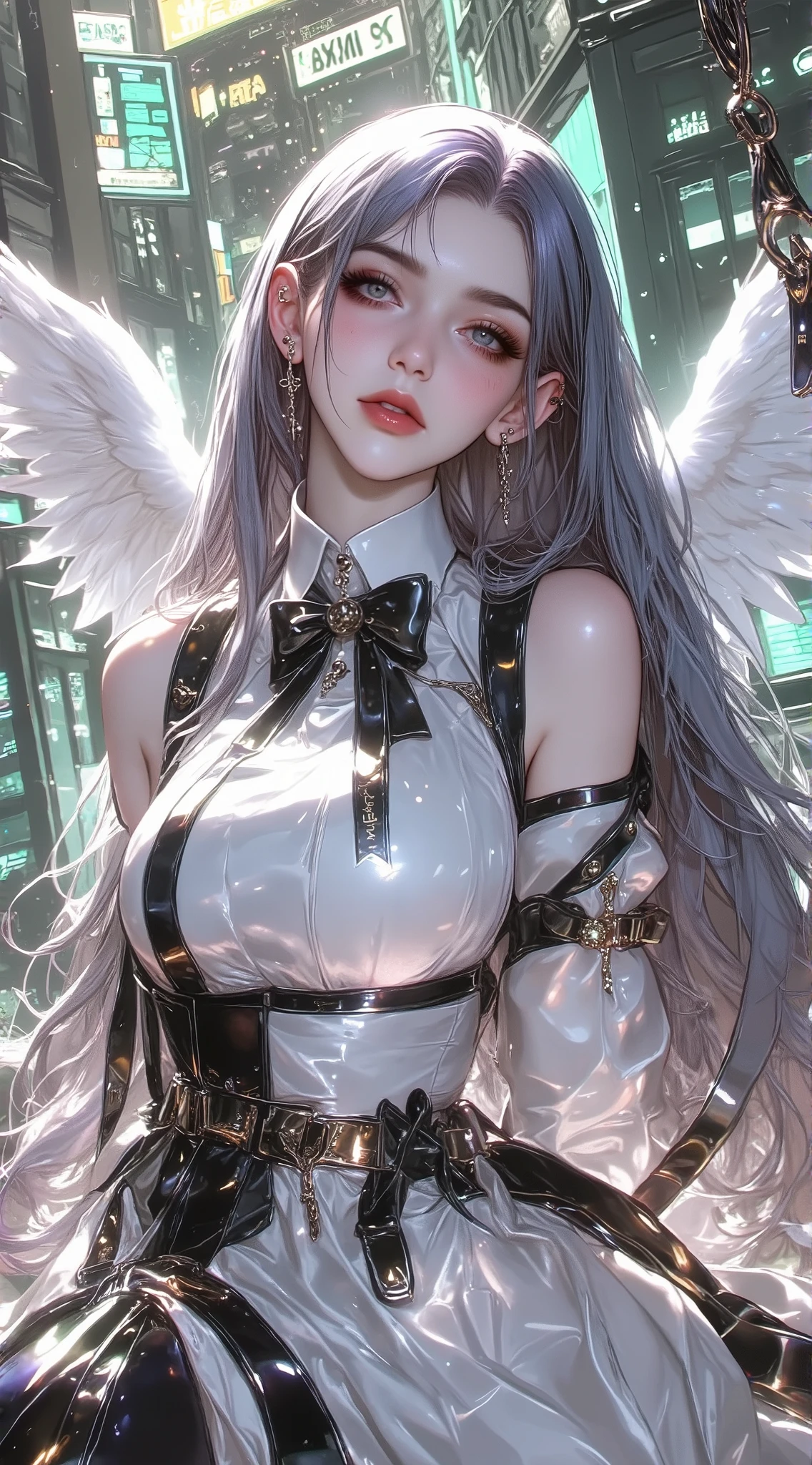 ((((Angel wearing pure white maid clothes)))), ((((Shiny silver accessories)))), ((((In the storm where thunder shines)))), ((((wet and glowing skin)))), (((Purple Hair))), ( backlit), ((Super wet skin)), ((Fluorescent color)), (((In-depth images))), brunette girl, big Smile, super beautiful glowing eyes、hanging from the ceiling with his arms tied with a rough rope、sweat、The rope bound her body、wet body、 Legs Hanging from Shackles 、 and a large amount of fluid flows out of your crotch、 One leg is suspended on top with a rough rope 、tied with a rope、Tightly bound、My hands are tied、 legs hanging in restraints (8K, live shooting , best image quality, masterpiece: 1.4), Ultra-fine mesh, (Realism, photorealistic: 1.48), masterpiece、of the best quality、Super Detail、8K、Detailed light、 detailed shadows 、Raw、(Detailed skin)、(Realism: 1.2)、18 years old、long hair、lace underwear、In the torrential rain, masterpiece, of the best quality, 超high resolution, (realistic:1.4), Beautiful Face with Every Detail, High Quality Clothing, (masterpiece:1.3), (8k、best quality:1.4), (top quality, high resolution), (1 girl:1.3), (alone:1.3), ( Mizuki Yukikaze), (hair bow, Frill collar , Blog, One Piece Tan, sleeves apart , corset before dildos insertion, frills, heart cutout, micro panties, bridal garter, High Heels), ( 完璧なversus称的な顔), Beautiful eyelashes, (Nose blush:1.3), (flat chest:1.4), ( beautiful thighs), ((Accurate Arm, sex, Accurate legs)), (Perfect Anatomy), sunburn, Wheat-colored skin, ( High Detail Skin : 1.2), Video, (Midnight Metropolis , decadent and futuristic urban area ). ( Advanced Future Cars ), (Cyberpunk Background, Blade Runner), volume lighting, bright color, (hair bow, elbow bag, fingerless gloves, ruffle leotard, fur trim, black leotard, Knee-length boots, versus. demon ninja suit , One Piece Tan),