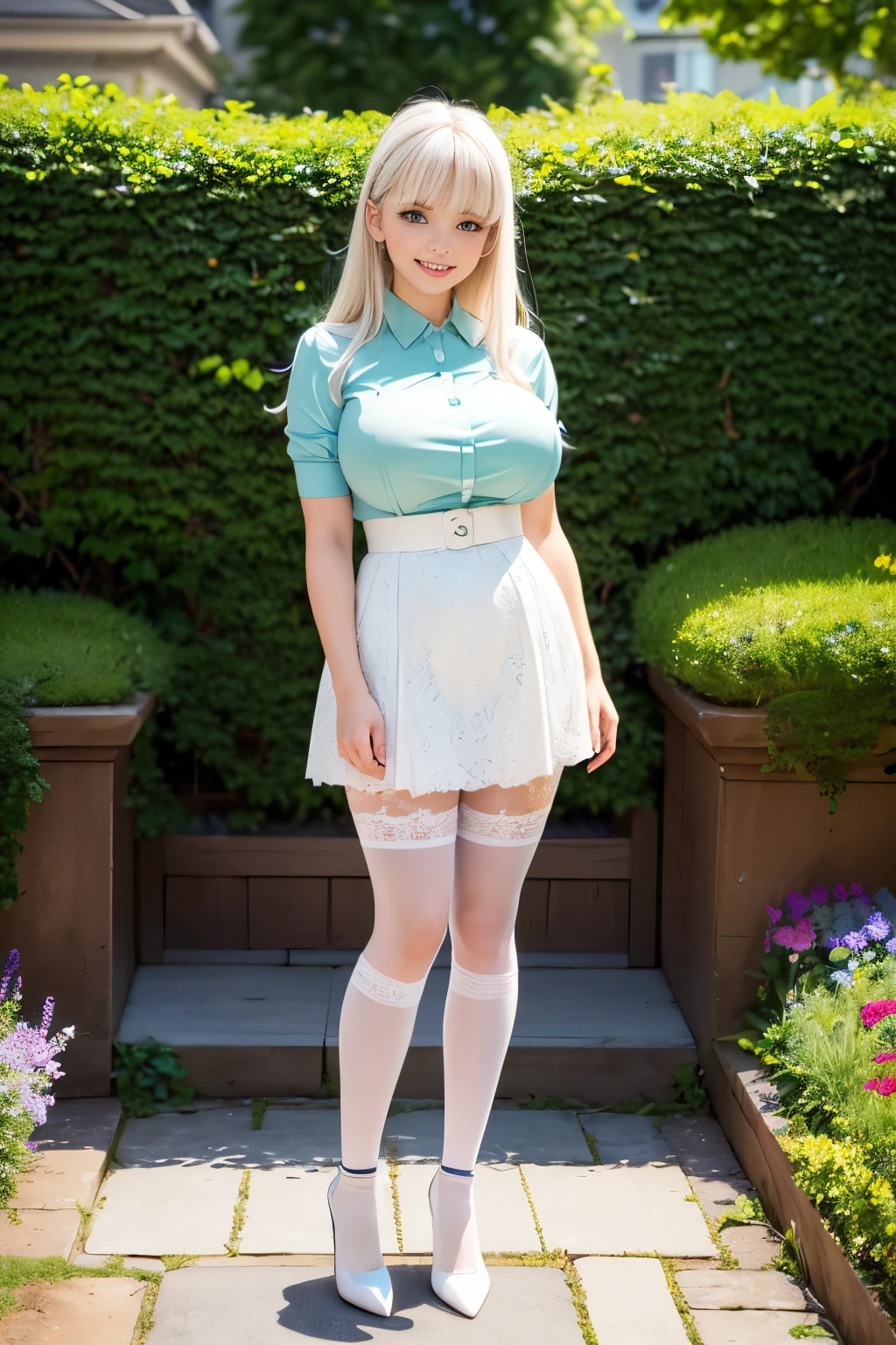 27 year old white woman、platinum-blonde、blue eyess、Semi-long、My hair is wavy、completely nude woman、completely pubic hair、Fully grown armpit hair、accessories on the wrist、wearing a choker、I&#39;m drinking coffee at the outdoor seat of a cafe.、wearing knee socks and stiletto heels、a smile、legs crossed、wearing a business suit、I&#39;m wearing a short tight skirt