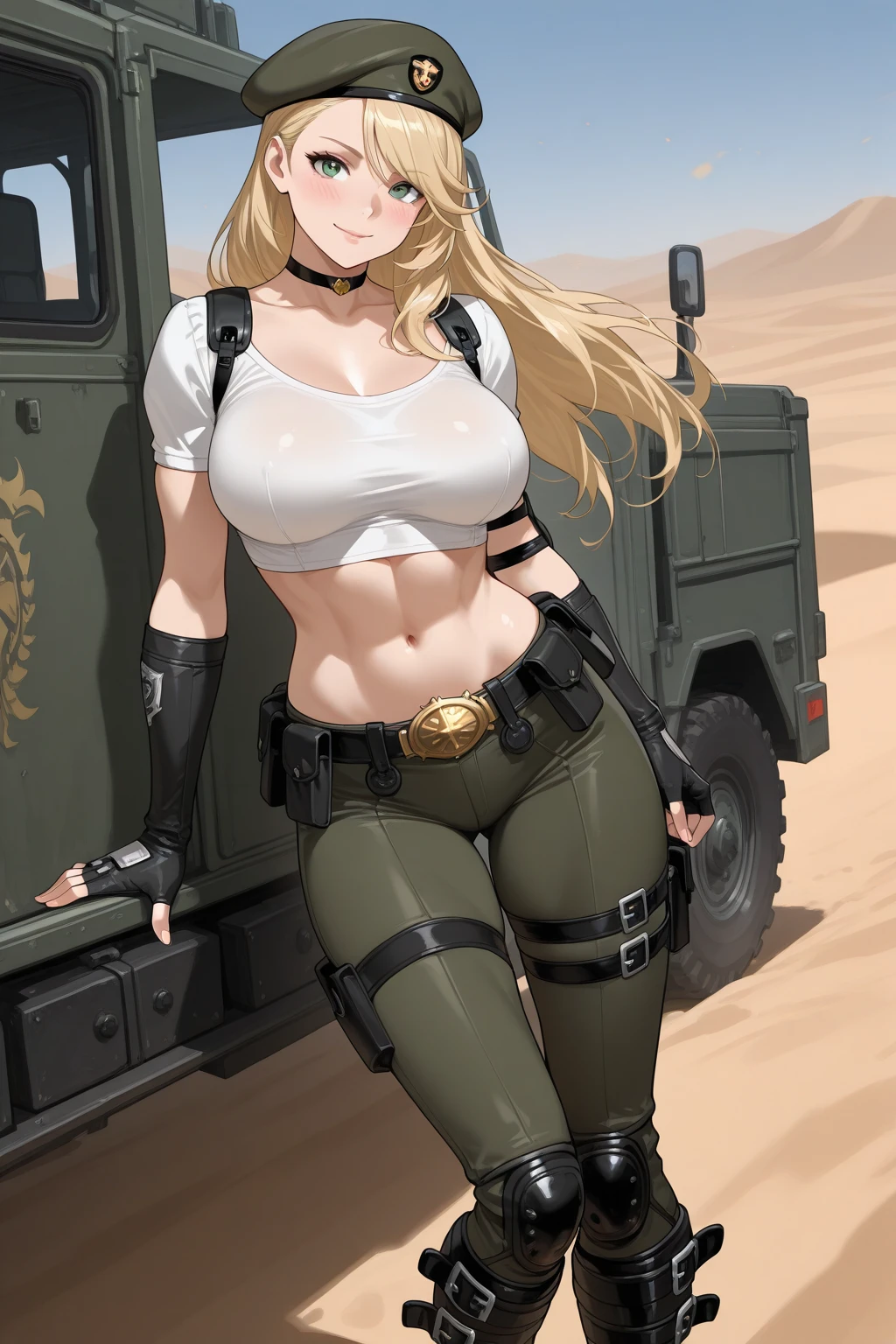 An image of a busty female soldier, gigi hadid, brunette hair, gorgeous, (cleavage), camo vest, hotpants, jungle, (detailed skin complexion:1.2), best quality, vivid color, rtx shading effect, ambient occlusion, highly detailed textures