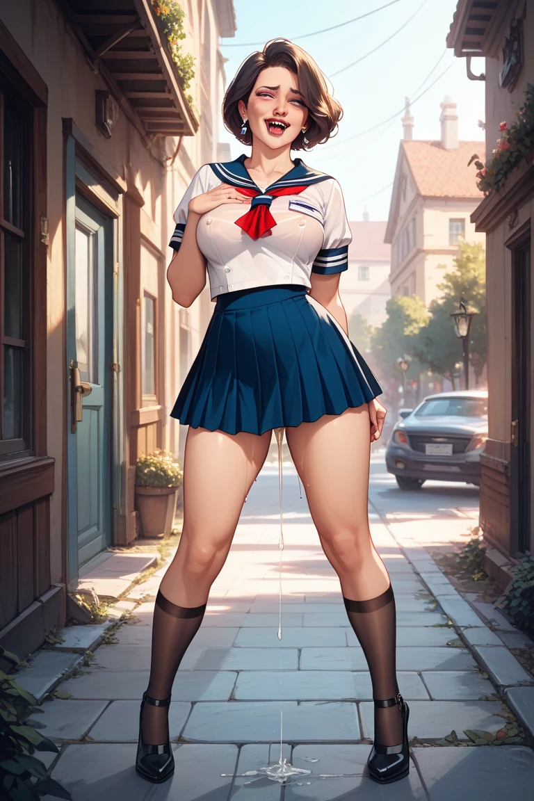 ((Japanese high school uniform)),Wear a short pleated skirt 、Silk panties sticking out、panty shot、focus on panties、Soft skin、ponytail, japanese girl, 8K, huge breasts,full body shot、 highest quality, masterpiece, realistic, Photorealistic super detail, one girl, cute, best smile, beautiful eyes, long hair, perfect face,full body shot