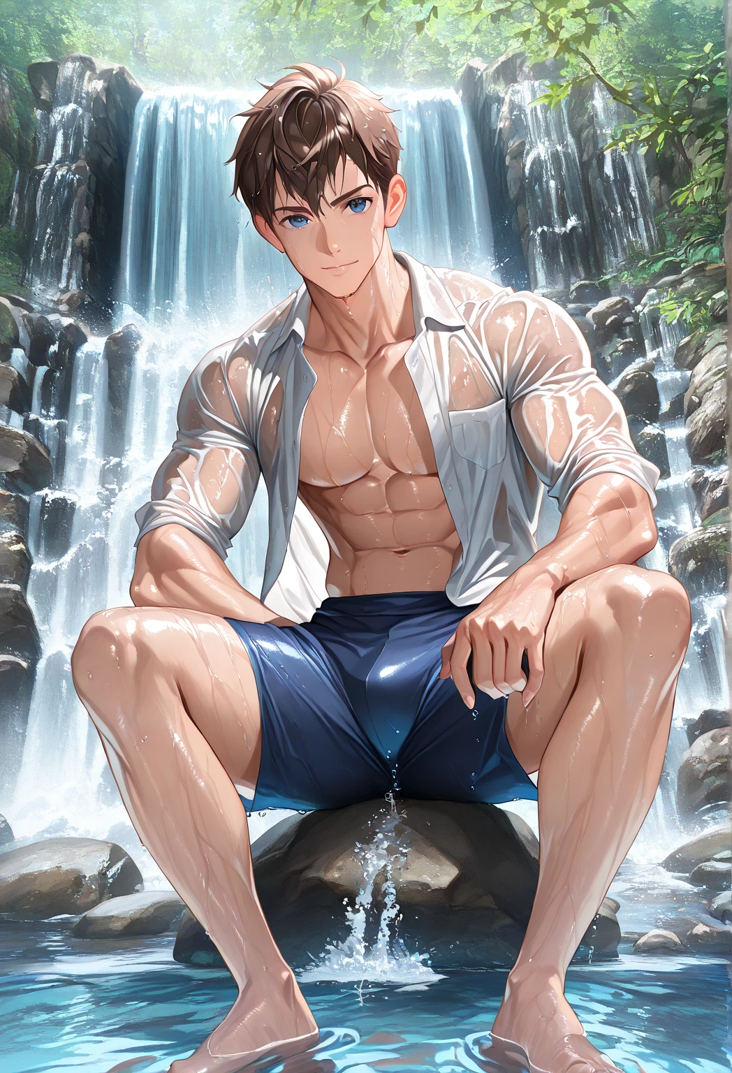 (Best quality,4K,8K,A high resolution,Masterpiece:1.2),Ultra-detailed,Realistic,Blue eyes,Toned abs,full bodyesbian,jewelry,Focus on men,chest muscle,solo performance,swimming trunks,bare chest male,Barefoot,Close-up of feet