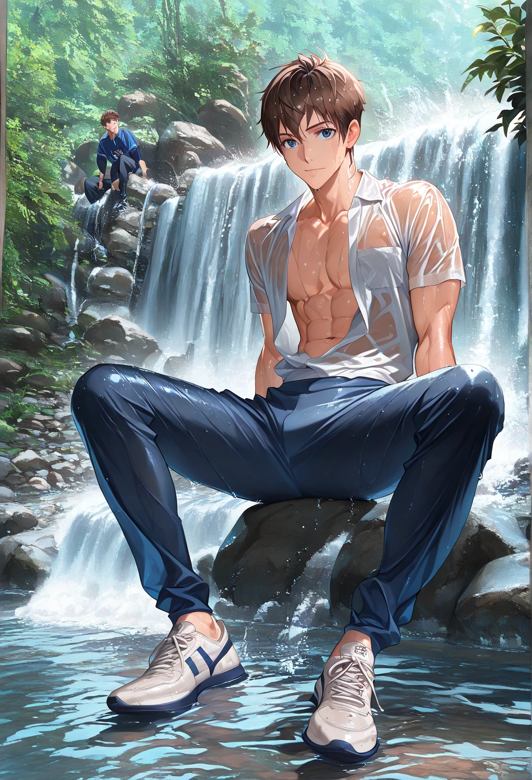 masterpiece,best quality,high quality,(1 male austere handsome solo adult age 30 years old:1.5), purple eyes, cool with suspended eyes, V-shaped eyebrows, body strong and fearless 8.5 head tall, height 185cm,(well-groomed black short hair down to neck:1.4),(bangs in three (parted bangs:1.4), slender nose, facial muscles, throat, (pectoral muscles :1.3), (rectus abdominis), (swim shorts:1.3), (stylish pose), (cool smile:1.3), (background waterfall forest:1.3) , (sunset:1.3)
