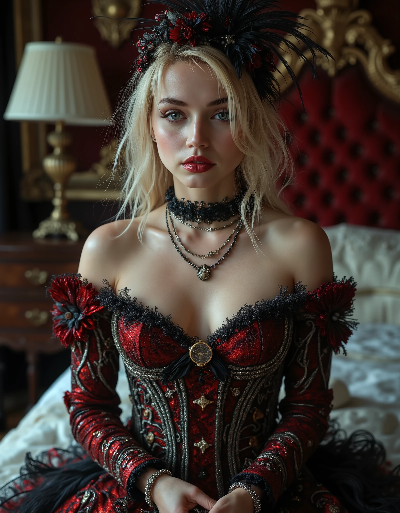 (Canon), (EOS R5), (85mm), ( No Lens Flare  :1.5), (超high resolution), (masterpiece), (Anatomically accurate human structure), (realisticな質感の肌), Super Detail, High detail, winning work, of the best quality, 32K, depth of field,  digital camera, Professional Writing, ((of the best quality:1.5)), ((masterpiece:1.5)), ((realistic)), high resolution, (Deep cinematic depiction), ((dark fantasy atmosphere)), (Dark depiction ), (A very beautiful and beautiful white French woman), ((full body shot with mahiru :1.5)), ((Upper body shot:1.2)), ((Semi-nude)), (( beautiful and beautiful, A 27-year-old French magician)), ((The most beautiful and captivating female magician in the world)), (Slender slim style), ((sitting on a luxurious antique bed)), (standing beside the bed),  smooth, (straight blonde), (Golden Straight Long Hair), long bangs, (has a pretty big, beautifully shaped bust), (g cup), (Tight, slender waist), (Extremely detailed and realistic skin :1.tremely Detailed Realistic Blue Eyes:1.tremely  Beautiful Blue Eyes :1.5)), (( catchlight in the eyes )), (( extremely detailed attractive and moisturized lips :1.5)), (( beautifully shaped big bust :1.tremely detailed, attractive, and moisturized lips:1.5)), (( white teeth beautifully arranged )), ((antique and luxurious long coat style witch costume with elaborate silver patterns on dark red fabric:1.8)), (The front of the witch costume is open so you can see your cleavage), (Off-the-shoulder showing shoulders), ((that can be removed and almost completely )), (You may wear a gorgeous dark red lace bra and panties), ((lots of antique magical necklaces:1.8)), ((lots of antique bracelets:1.5)), (large, antique earrings), ((antique pocket watch:1.8)), ((has a gorgeous, long antique magic wand:1.5)), Luxurious Black Stockings with Intricate Patterns, ((Magical Tattoos Cover Your Body:1.5)), (Sexiest Angle ), (Large bedroom in an old luxury hotel), (Very antique bed and chair and furniture), Very  and  Expression, Very  and  Poses, (may show a beautiful and realistic bust), (beautiful  and  can be seen), (Can See Realistic Female ), (May Show Lots of Pubic Hair), (( show your hands as little as possible )),  accurate hand shape,Accurate hand finger shape ,Accurate finger count,5 fingers on one hand , Accurate leg shape,Accurate toe shape,  accurate toe count, Five fingers on one foot, ( color temperature 5500K ), 