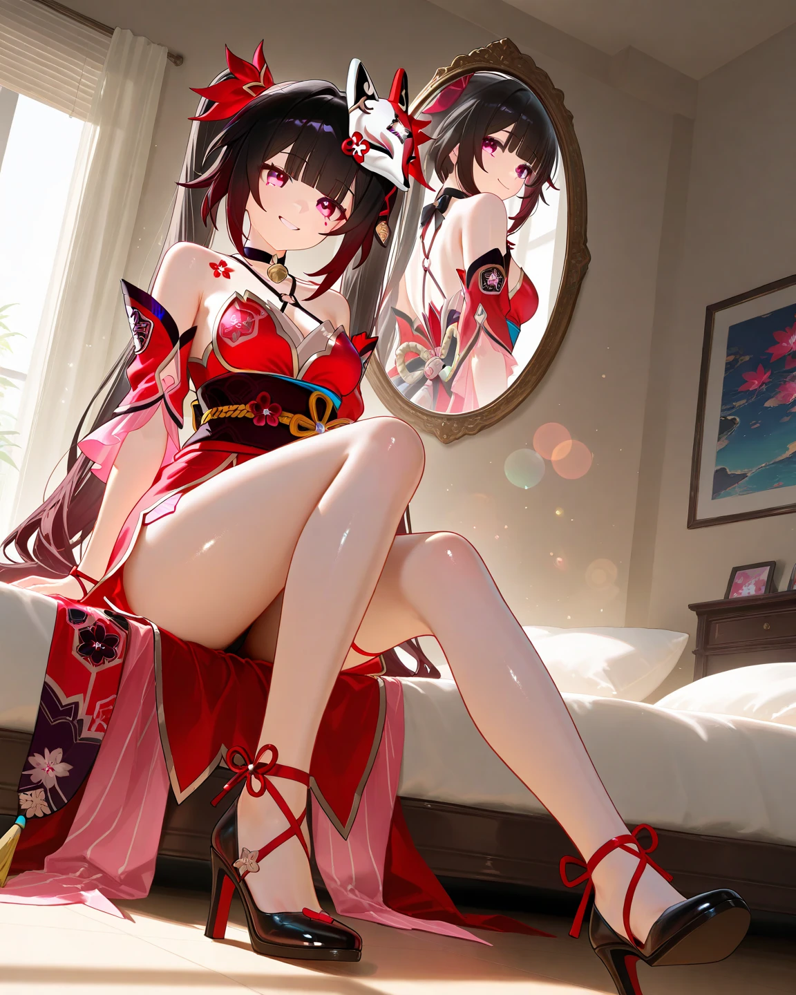 Very cute girl、(I am 16 years old)、、Bangs too close to the eyes、Glowing red eyes、(Normal Human Ear)、Thin arms、Beautiful body、Thin legs、Translucent white skin、Happy smile、Open your mouth、Playing innocently、Ultra HD、Digital SLR、Many colorful roses blooming in the background、Upper Body Shot、Sitting with legs crossed、Sitting with knees hugged、running、