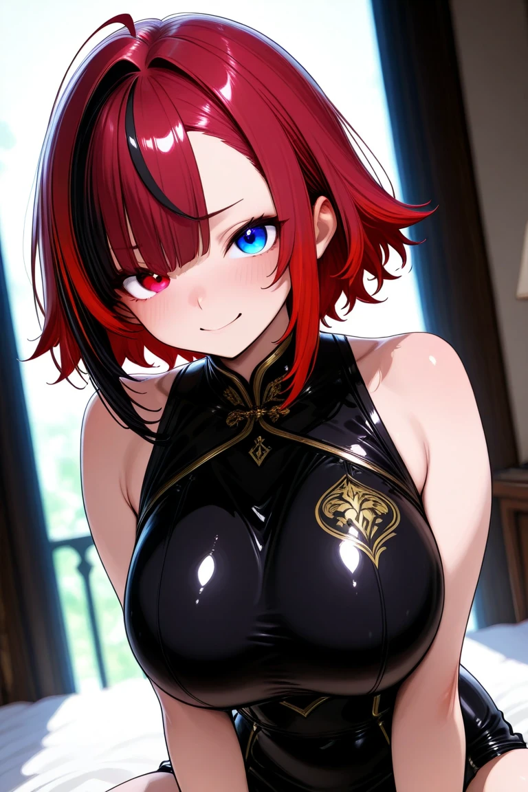 1个ember孩, ember人,ember, short detailed hair, brunette color hair,collars,Facial, leg loops,Soft bed，Relax the body，unfolding,Bedrooms, highest  quality，超高分辨率