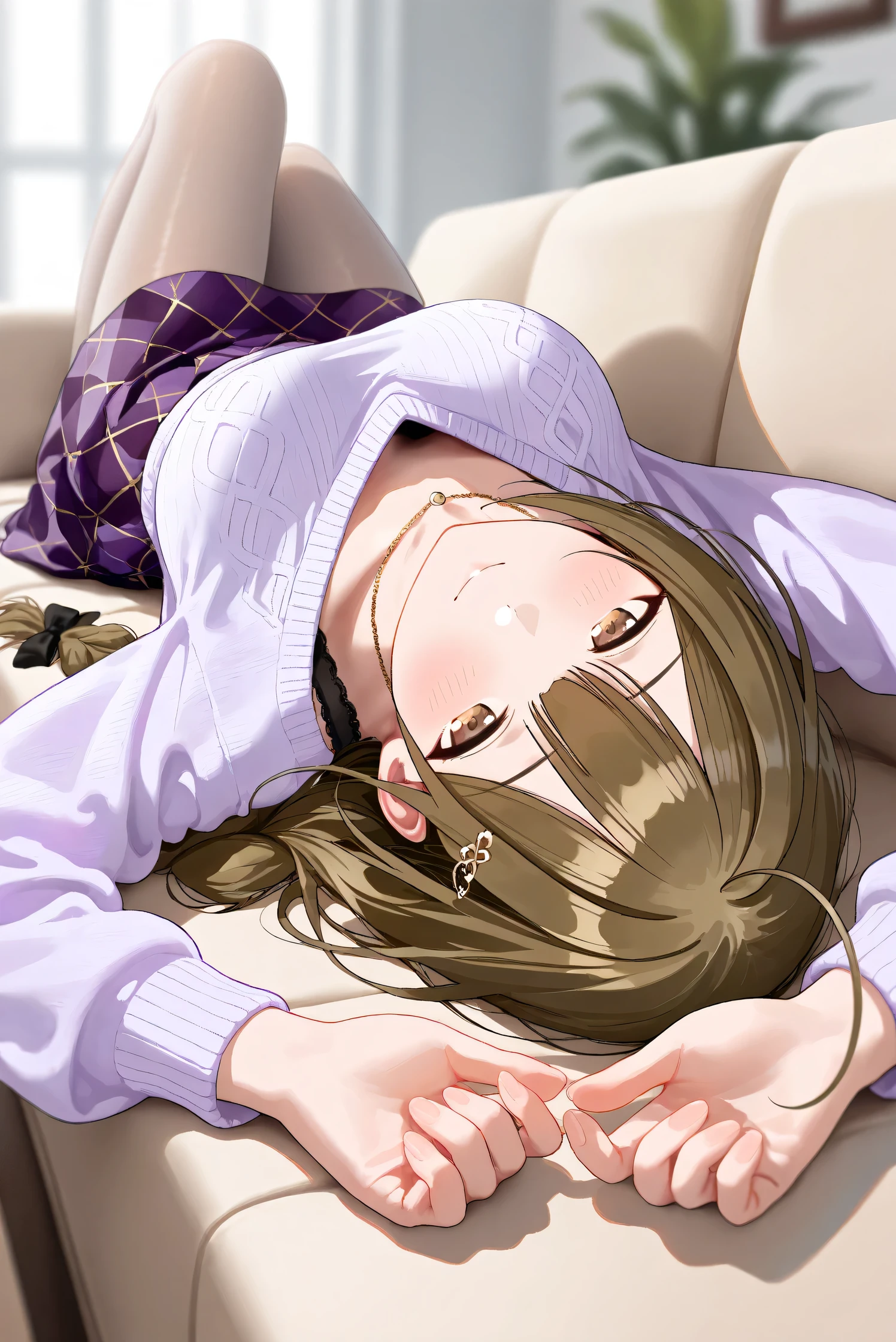 (Masterpiece), (Highest quality), (Very detailed),
(The best shape), (Best Shadow), (Absurd),
(Detailed background), (So beautiful), Shiny ,
Extraordinary, Countershading, 8k, 32K, High resolution, Beautiful eyes in every detail,
Very Detailed CG, UHD,
Score_9, Score_8_up, Score_7_up, Source_anime,
(Pastel painting:1.2), (Watercolor painting:1.2),
(Masterpiece, Detailed:1.2), (Foreshortening:1.2),
Cinematic, Dramatic, (Depth of field:1.4),
(Blurry background:1.4), (Realistic background:1.4),
(Foreshortening:1.3),Dynamic angle, 1 girl, upside-down,
Indoor, Livingroom, sofa,
Kuwayama chiyuki,
The idolmaster shiny colors,
kuwayama chiyuki,
(Breasts:0.7), Brown hair, Large breasts, Ahoge, Long hair, Brown eyes, Braid, Collarbone,
(Casual wear:1.3),
Sweater, V-neck sweater, light purple sweater,
Black bra,
Midi skirt, Purple skirt, (Argyle check pattern skirt:1.2),
Pantyhose, Beige pantyhose,
Necklace, Hairpin,
Portrait, Focus on face,
(Blush:1.3), Seductive smile,
Realistic skin, Shiny skin,
Lying on sofa, Arms up behind,
