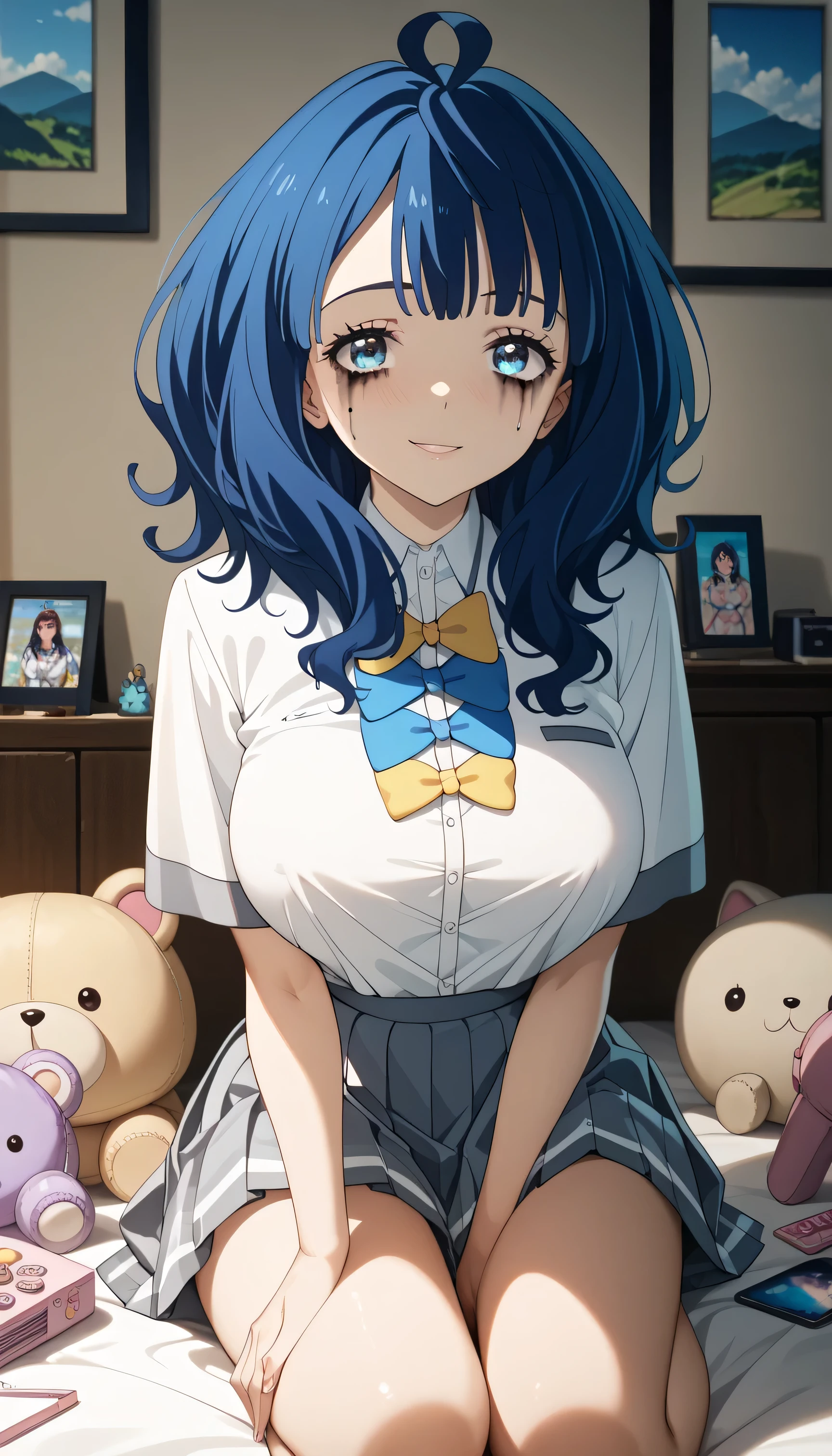 masterpiece, best quality, highly dramatic picture, beautiful eyes, cinematic lens effect, big beautifully shaped breasts , ultra cute, ultra sexy, ultra curvy, ultra bouncy, Dutch angle, horny , pervert, ((Supermodel)), ((Busty Bitches)), ((Porn Studio)), 1girl, yanamianna, medium hair, ahoge,blue hair,blue eyes, ecchi, anime, cutesy, (sexy photoshoot), dumb whore, naughty, cheap, low self esteem, no dignity , on her knees , cute school uniform , large breasts, soft toys, whore makeup,