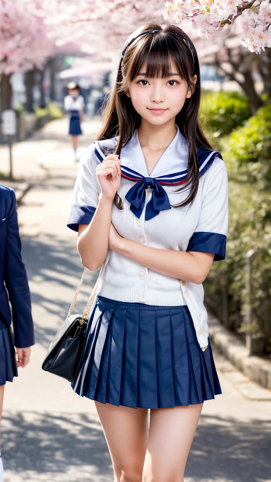 sailor uniform, One Woman, (Beautiful woman, delicate :1.3), Black Hair, bob cur hair, Patsun, 8k, Highest quality, masterpiece, Very detailed, Ultra-high resolution, Realistic, RAW Photos, Absolute Resolution, Black Hair, Navy blue sailor uniform, (Navy blue pleated skirt:1.4), Realistic high school girl, (White headband:1.4), Small breasts, expensive, Bright Blue Eyes, (In front of the school gate), smile, (standing pose:1.4), (one school bag on shoulder:1.4), (long skirt:1.4), slender female body, Blur the background, junior high school student, (looking at the camera:1.4)
