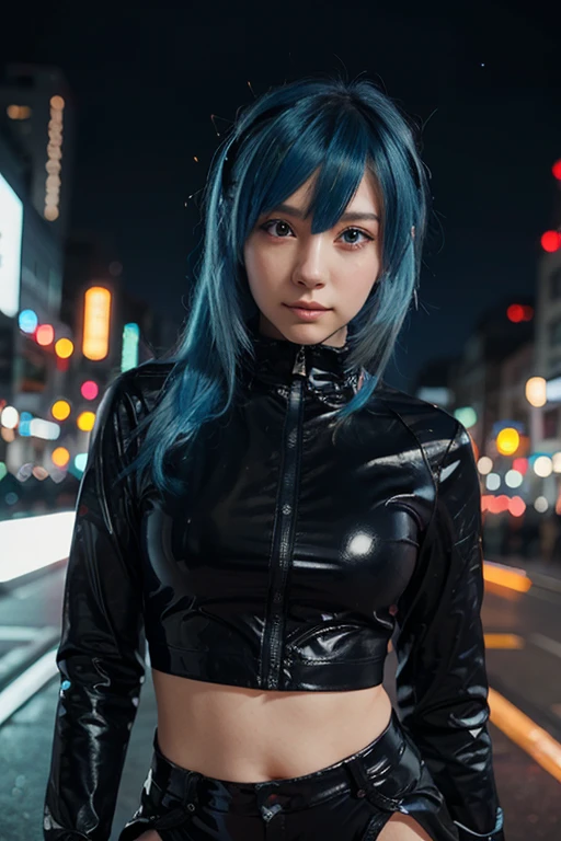 (blue hair:1.4), short hair, realistic green eyes, cobalt hair, long bob hair, tousled hair, shoulder length hair, Full body, woman with white skin and Asian features, 24 year old, big breast. She has a small, elegant nose with a slight upward curve at the tip. Her lips are full and naturally pink, with a well-defined Cupid's bow. Her teeth are straight and white, enhancing her captivating smile. Her face has an oval shape with high cheekbones that add to her model-like appearance. highly detailed glowing eyes, specular light, extreme quality, crystal clear, cute face, detailed skin pores, oil Dark skin, brown, complex eye details, 8K, (vampire mercenary:1.3), Wearing a (black blouse:1.3) with a (black leather jacket:1.3) and (tight black pants;1.3), View from the front, Waist up shot, Dynamic pose, Ambient Lighting, Photographic realism, Intricate facial details, Exquisite handcrafted details, Very detailed, Vibrant colors, Cinematic, High resolution, Trending Style Raw on Artstation, (black leather jacket:1.3), (black blouse:1.3),(tight black pants;1.3), (short hair:1.2), (short hair:1.3), (short hair:1)