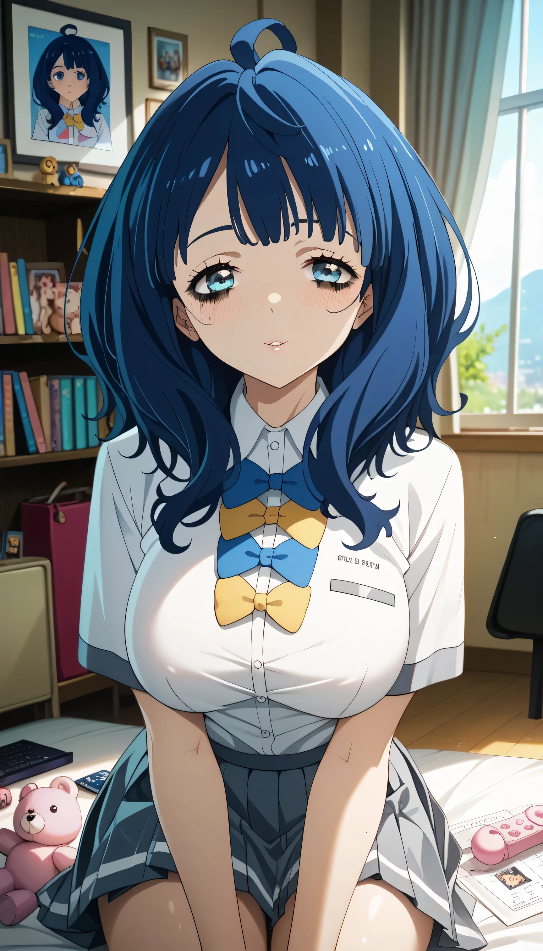 masterpiece, best quality, highly dramatic picture, beautiful eyes, cinematic lens effect, big beautifully shaped breasts , ultra cute, ultra sexy, ultra curvy, ultra bouncy, Dutch angle, horny , pervert, ((Supermodel)), ((Busty Bitches)), ((Porn Studio)), 1girl, yanamianna, medium hair, ahoge,blue hair,blue eyes, ecchi, anime, cutesy, (sexy photoshoot), dumb whore, naughty, cheap, low self esteem, no dignity , on her knees , cute school uniform , large breasts, soft toys, whore makeup,