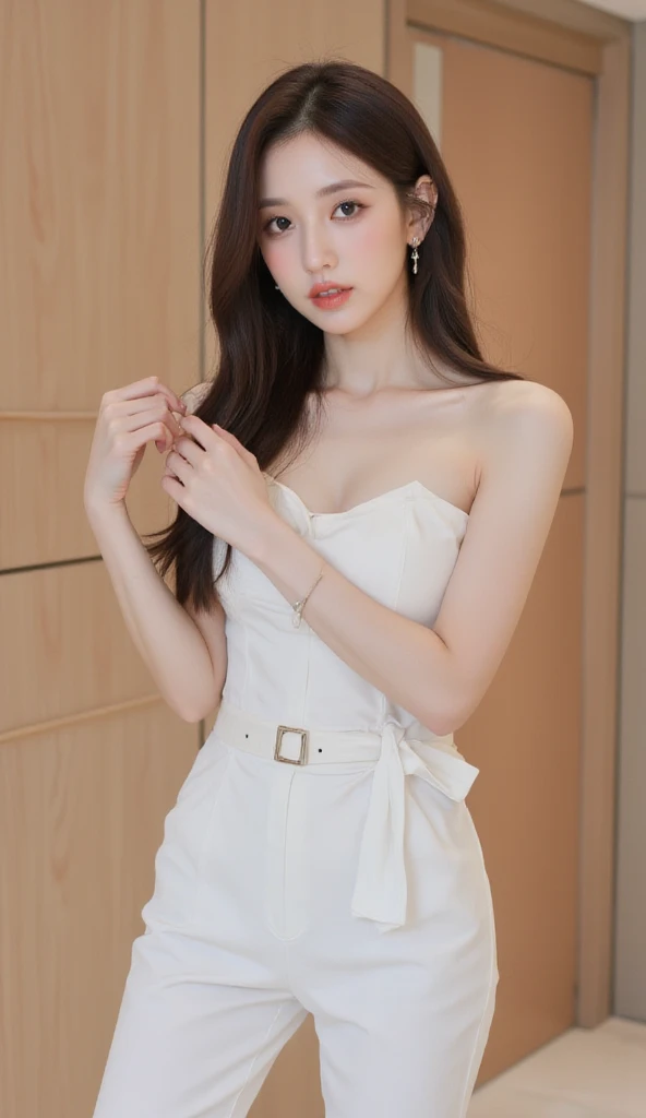((Midnight, Best quality, 8k, Masterpiece :1.3)), Whole body, Long legs, Sharp focus :1.2, A pretty woman with perfect figure :1.4, Slender abs :1.1, ((Dark brown hair, Big breasts :1.2)), (White tight tshirt, Jean bib, Standing:1.2), ((Night city view, Rooftop:1.3)), Highly detailed face and skin texture, Detailed eyes, Double eyelid