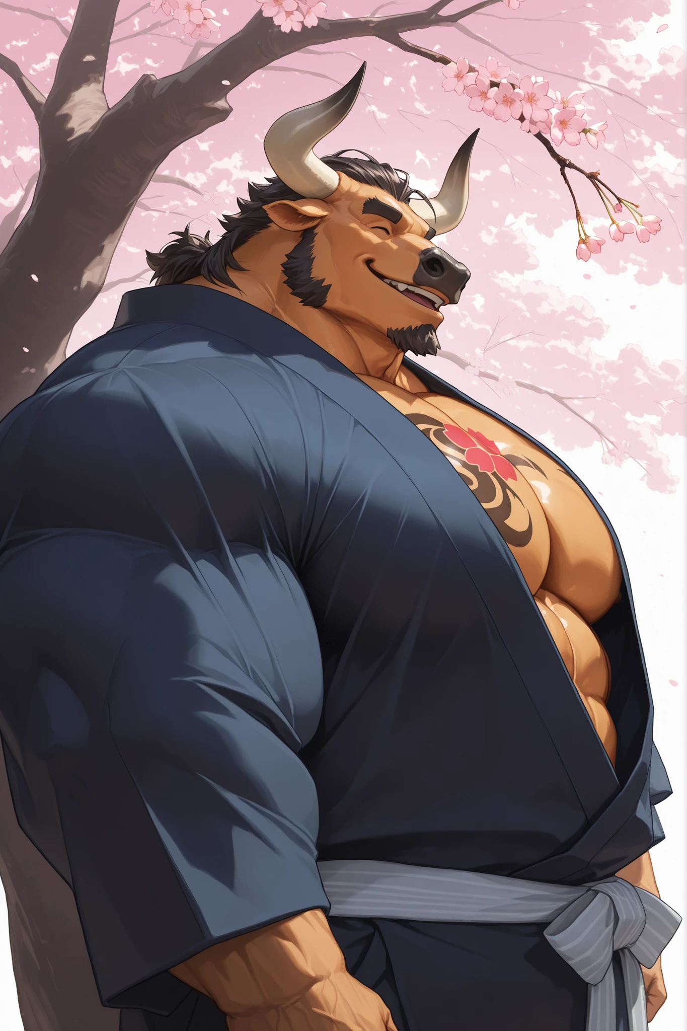 solo, old man, FURRY BULL, chest tattoo, massive muscular man wearing kimono, open kimono, side view, looking cherry blossoms fall, huge tree in backgrond, in under Cherry Blossom tree, Cherry Blossom flower, (huge pectoral, thick arms, wide pectoral, large pectoral, very huge arms), (foreground cherry blossoms fall), smile, happy, windy, open eyes, detailed eyes, eyes, extremely detailed muscle, short hair), , masterpiece, 8k, high detail, f/1.8, 135mm, Nikon, UHD, retina, masterpiece, curate, anatomically correct, textured skin, super detail, high details, high quality, best quality, highres, 1080P, HD, 4K, 8k