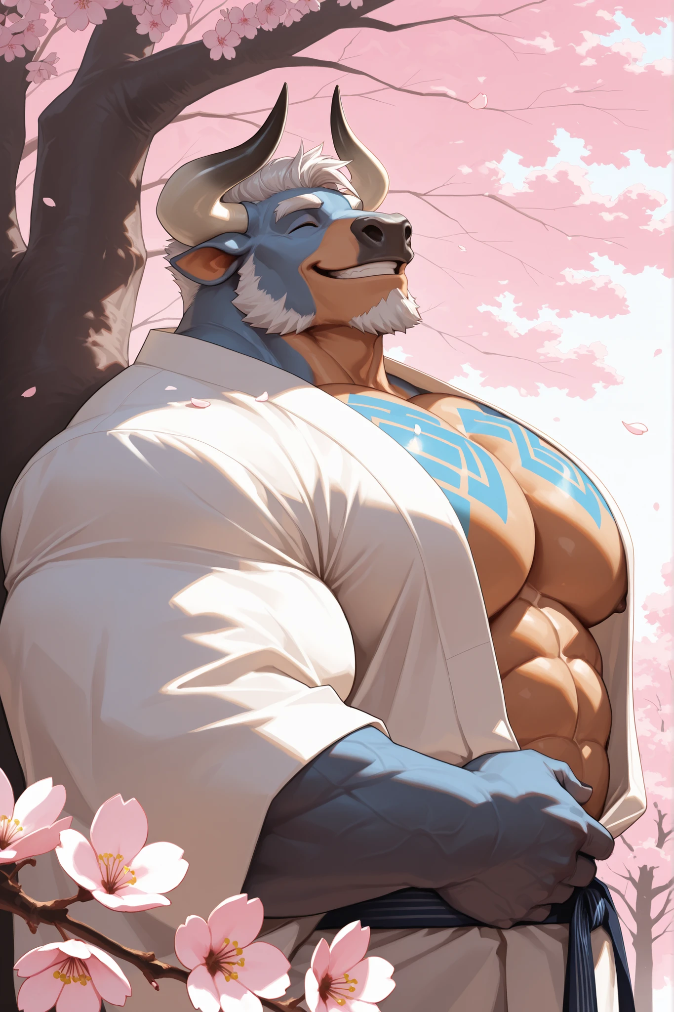 solo, old man, FURRY BULL, chest tattoo, muscular man wearing kimono, open kimono, side view, looking cherry blossoms fall, huge tree in backgrond, in under Cherry Blossom tree, Cherry Blossom flower, (foreground cherry blossoms fall), smile, happy, windy, open eyes, detailed eyes, eyes, extremely detailed muscle, short hair), (huge pectoral, thick arms, wide pectoral, large pectoral, very huge arms), masterpiece, 8k, high detail, f/1.8, 135mm, Nikon, UHD, retina, masterpiece, curate, anatomically correct, textured skin, super detail, high details, high quality, best quality, highres, 1080P, HD, 4K, 8k