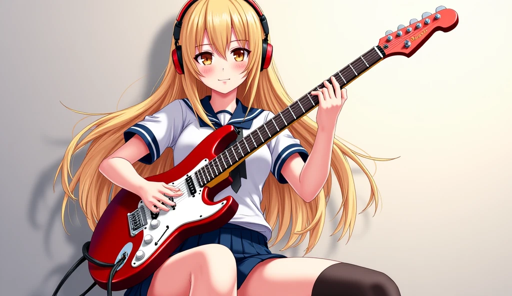((highest quality)),(ultra high resolution),(Super detailed),(detailed description),((The best CG)),(best work of art),super precision art,amazing drawing art,(Art with precise details:1.5), (high school girl:1.5), Learning to play the guitar on campus after school。Midsummer