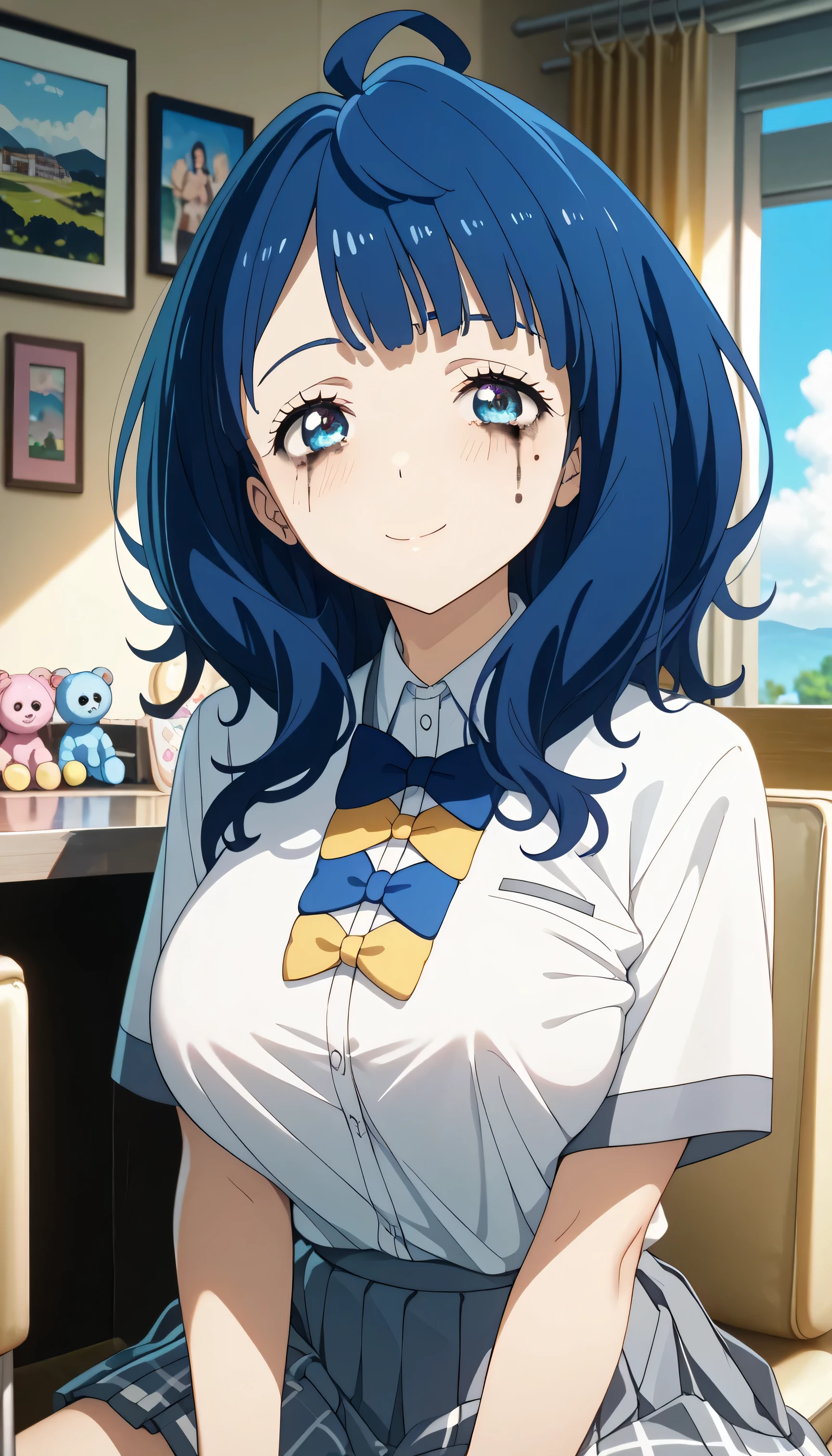 masterpiece, best quality, highly dramatic picture, beautiful eyes, cinematic lens effect, big beautifully shaped breasts , ultra cute, ultra sexy, ultra curvy, ultra bouncy, Dutch angle, horny , pervert, ((Supermodel)), ((Busty Bitches)), ((Porn Studio)), 1girl, yanamianna, medium hair, ahoge,blue hair,blue eyes, ecchi, anime, cutesy, (sexy photoshoot), dumb whore, naughty, cheap, low self esteem, no dignity , on her knees , cute school uniform , large breasts, soft toys, whore makeup, restaurant background,