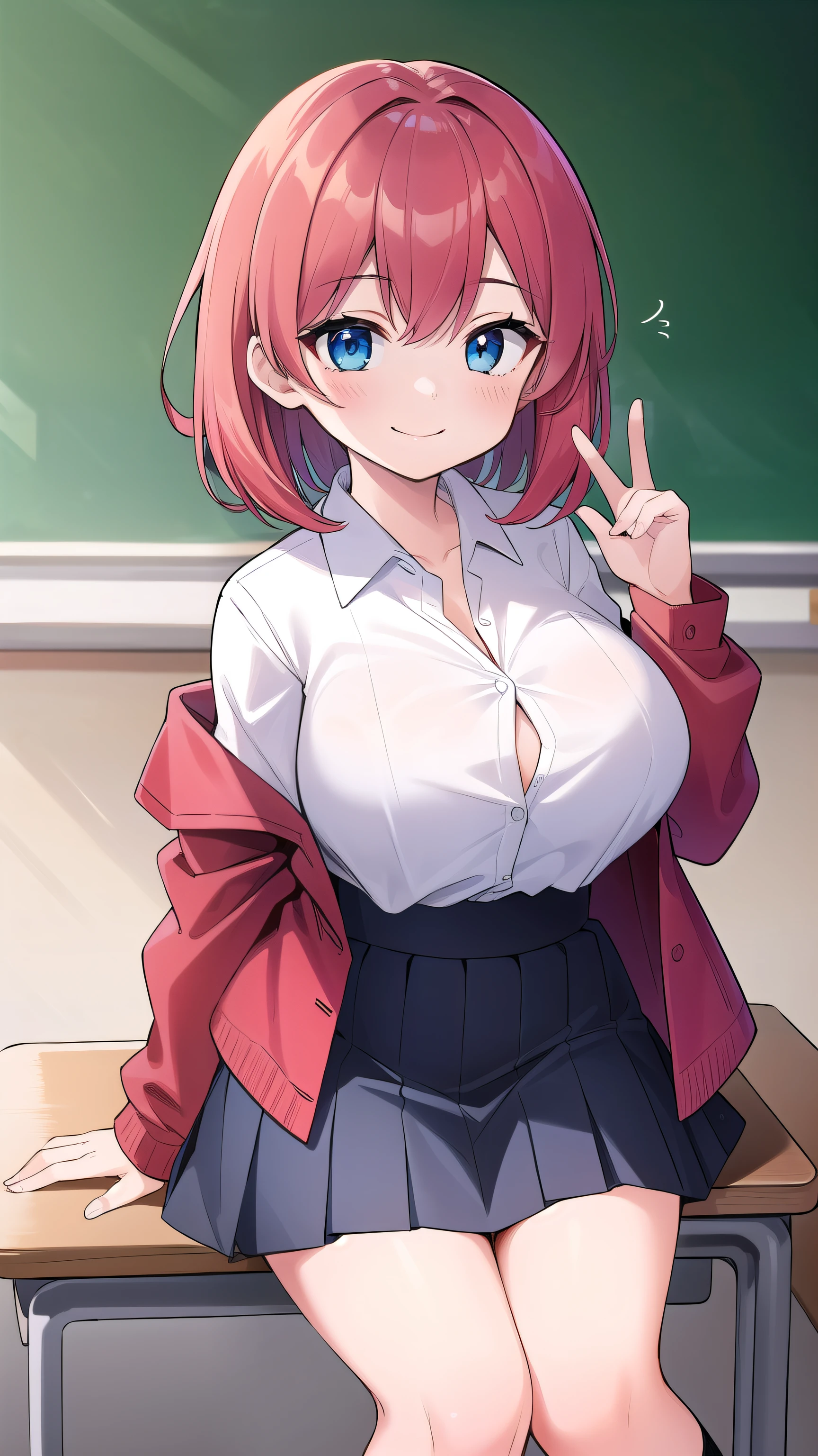 Yuigahama Yui, short hair, brown eyes, Pink hair,  single bun hair, 

looking at viewer, 
(masterpiece), highest quality, High resolution, unity 8k wallpaper,  (perfect anatomy:1.2),

blush, smile,  
(huge breasts:1.3),  classroom, 
(magenta hoodie), checked skirt, 
open mouth, 
focus breasts, 