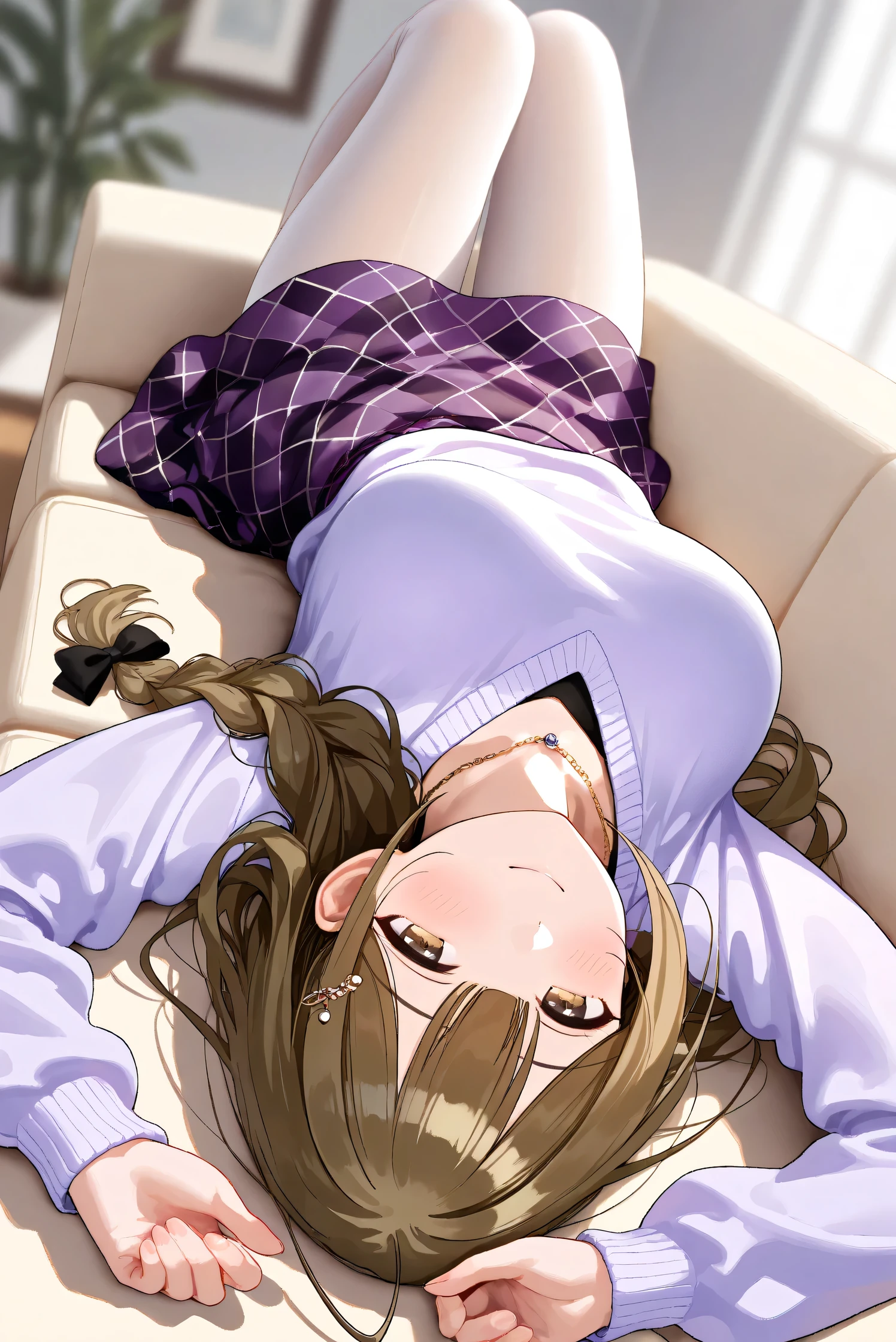(Masterpiece), (Highest quality), (Very detailed),
(The best shape), (Best Shadow), (Absurd),
(Detailed background), (So beautiful), Shiny ,
Extraordinary, Countershading, 8k, 32K, High resolution, Beautiful eyes in every detail,
Very Detailed CG, UHD,
Score_9, Score_8_up, Score_7_up, Source_anime,
(Pastel painting:1.2), (Watercolor painting:1.2),
(Masterpiece, Detailed:1.2), (Foreshortening:1.2),
Cinematic, Dramatic, (Depth of field:1.4),
(Blurry background:1.4), (Realistic background:1.4),
(Foreshortening:1.3),Dynamic angle, 1 girl, upside-down,
Indoor, Livingroom, sofa, from above,
Kuwayama chiyuki,
The idolmaster shiny colors,
kuwayama chiyuki,
(Breasts:0.7), Brown hair, Large breasts, Ahoge, Long hair, Brown eyes, Braid, Collarbone,
(Casual wear:1.3),
Sweater, V-neck sweater, light purple sweater,
Black bra,
Midi skirt, Purple skirt, (Argyle check pattern skirt:1.2),
Pantyhose, Beige pantyhose,
Necklace, Hairpin,
Portrait, Focus on face,
(Blush:1.3), Seductive smile,
Realistic skin, Shiny skin,
Lying on sofa, Arms up behind,