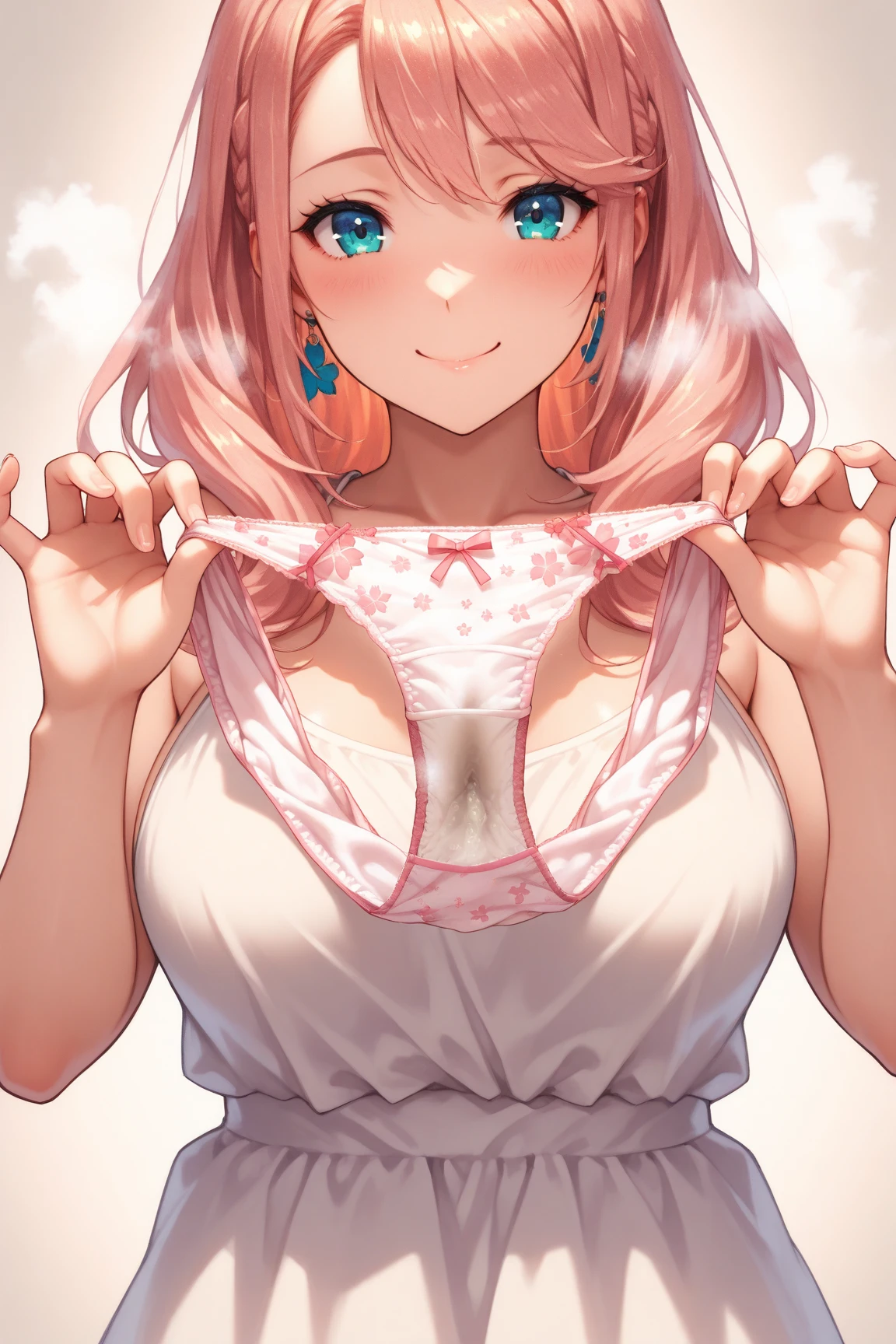 masterpiece, best quality, perfect anatomy, 1girl, solo, light orange blonde hair, fine detailed shiny green eyes, long hair, side tail, no skirt, black shirt, (blush), embarrassed, (realistic white panties), crotch seam, Cameltoe, short sleeve, lying on bed, nsfw, middle chest, female masturbation, bare arms, white seats, wet panties, pussy juice drip through panties, close mouth ,white flower hair ornament
