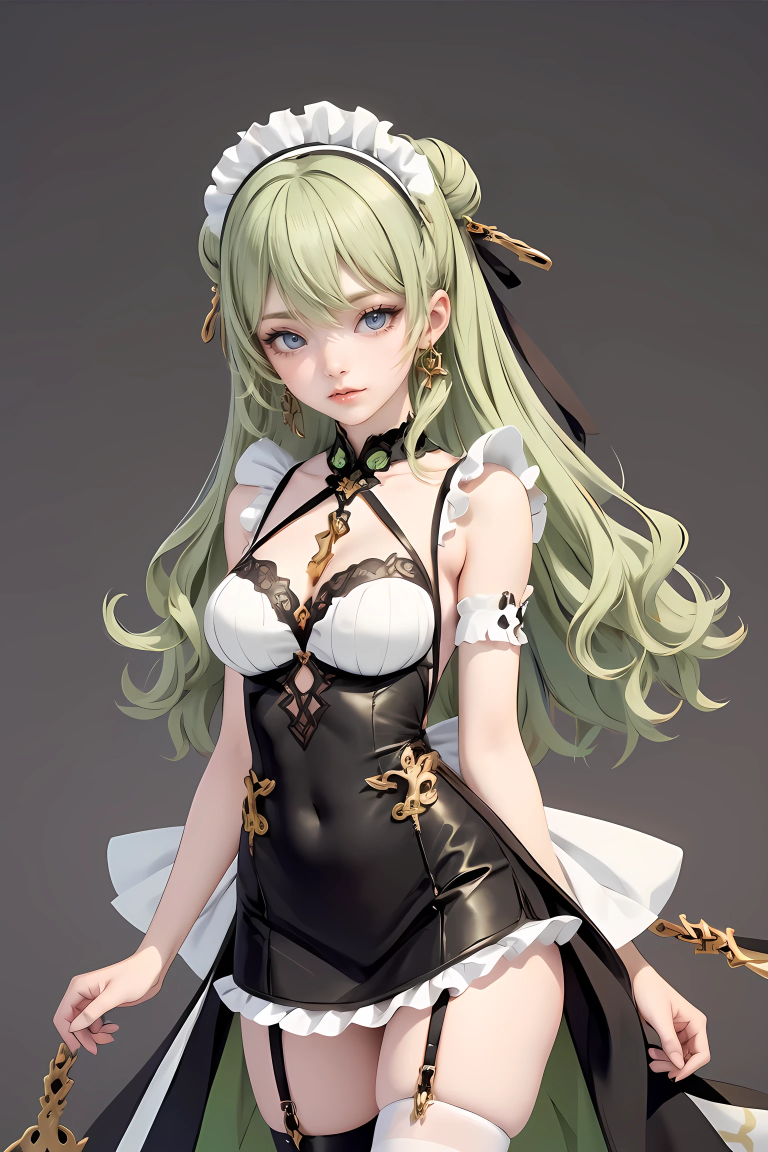 1girl, green hair, harness, white cropped and shorts, chinese maid design, solo, buns hairstyle, symmetrical gloves, high socks, flare socks, harness, chinese maid dress, v neckline, garter on the legs, stand up, white apron, maid dress, chinese maid, chinese aesthetic, thigh gap, tassel, harness, very long hair, solid background, chinese maid uniform, white cropped, cowboy shot, too many frills in her dress, magical girl, perfect anatomy, gold jewelry, harness, jewelry, Cute pose, beautiful buns hairstyle, tassel, glow eyes, long hair with buns and bangs, high thigh, frills, harness, chinese maid uniform, chinese maid dress, white apron, garter on the legs, gold jewelry, solid background, stand up, blushing, maid headdress, chinese maid dress with too many frills, Chinese aesthetic, white shorts, flare shorts, harness, centered girls, cowboy shot, glowing hair, magical girl, golden details on her clothes, tassel