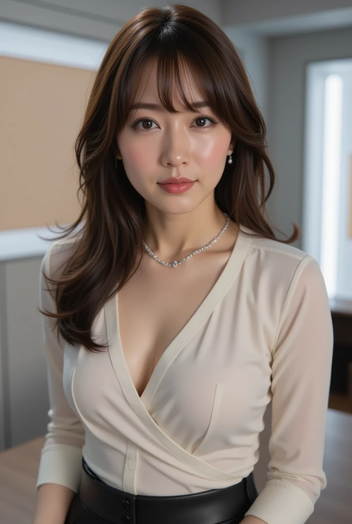 (mini skirt),(Buttoned shirt:1.4、small breasts、No bra), (office lady),whole body、 RAW photo, realistic:1.6, quality:1.5, 8k, masterpiece:1.3, ultra high resolution:1.0, sharp focus:1.2, (big breasts:1.4), beautiful woman with perfect figure, Highly detailed face and skin texture, fine eyes, double eyelid, perfect facial balance, (smile:1.1), ((brown hair、Shiny hair:1.3)), Soft light in a beautiful studio, rim light, vivid details, surreal, octane rendering, fine and beautiful skin, realistic skin, (look at the audience), (The background is a high-rise floor made entirely of glass.), standing pose