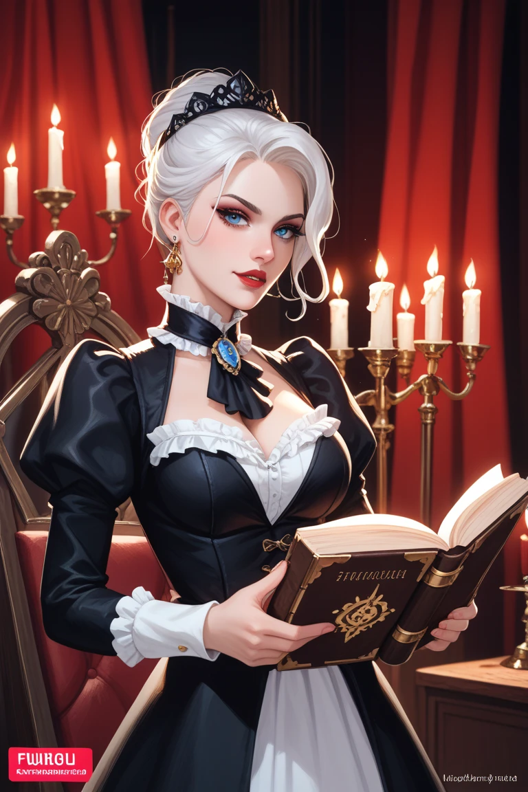 Grand black stepmother manifests as governess clad in high-fashion, silky, elegant fully covered attire with high neckline, pearl embellishments, and long sleeves, having a celestial aura, Victorian study background filled with dark mahogany, looming bookshelves, antique desk, open book, manipulative gaze toward underlings, vintage books, soft diffused lighting, chiaroscuro technique, ultra realistic, shining glamorous lipstick, sparkling, hypnotizing eyes, kind and passionate gaze, kind-hearted lady, four fingers and a thumb in each of hands and sexy polished fingernails, realistic, very big curvious bosoms