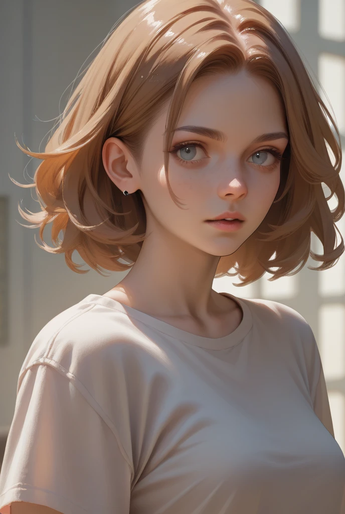 (best quality, masterpiece), 1girl, beautiful girl, brown_eyes, ((hair color [Silver hair], [pixie cut with bangs] hair)), earrings, lips, short sleeves,realistic, narrow waist, charming, colorful makeup, long eyelashes, fair skin, (cute), (detailed face), detailed eyes, detailed iris, 