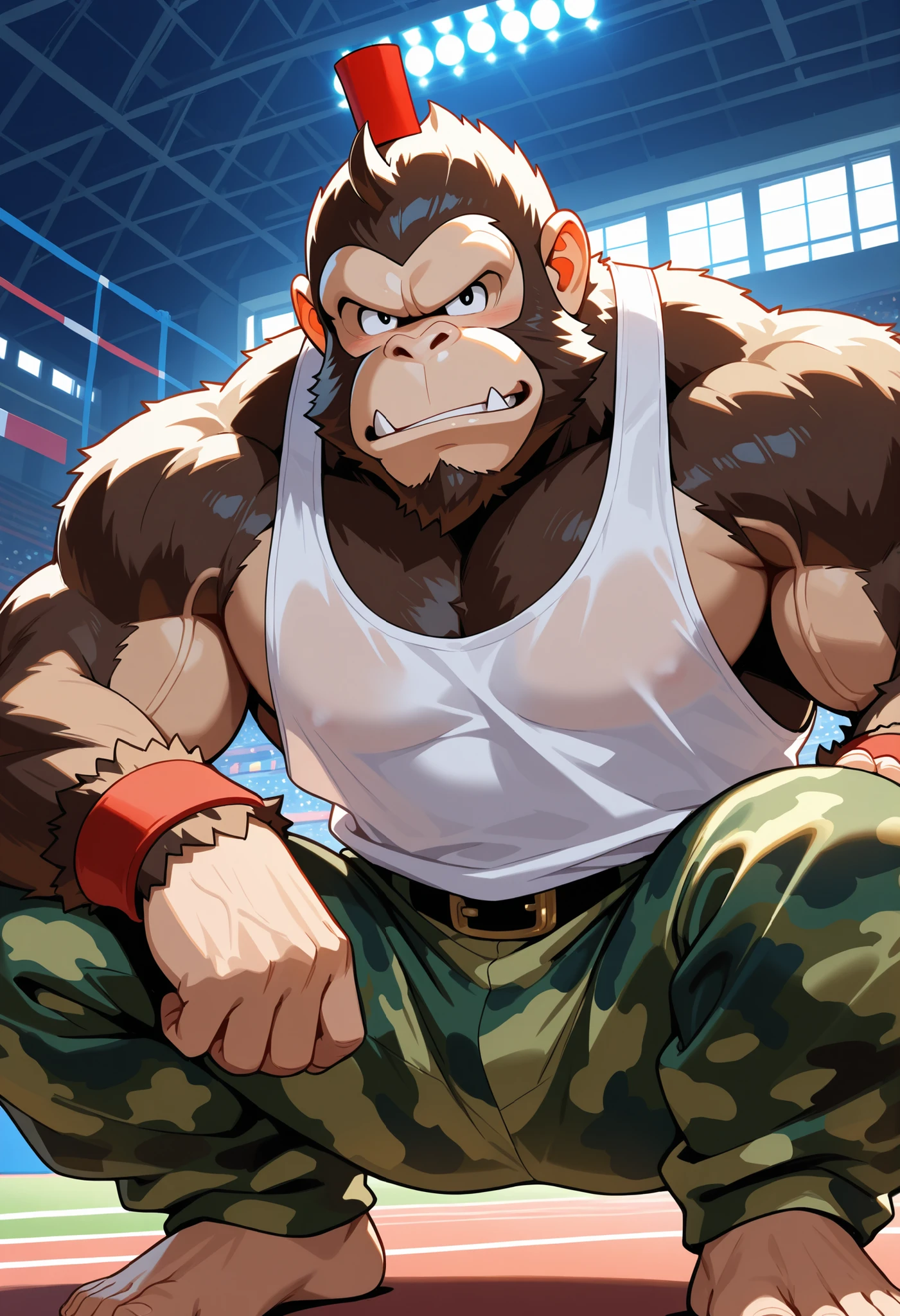 zangief,a bear with a beard and a golden belt, fighting game character, street fighter 5,muscled humanoid bear,heavy looking,buff bear,wrestler,Red short briefs,capcom,street fighter,shirtless,muscular male,chest hair,visually weighty,bearded bear, brown fur,mohawk hair,red and yellow wristband,Red Wrestling Boots ((best quality)), ((masterpiece)), (detailed), perfect face
