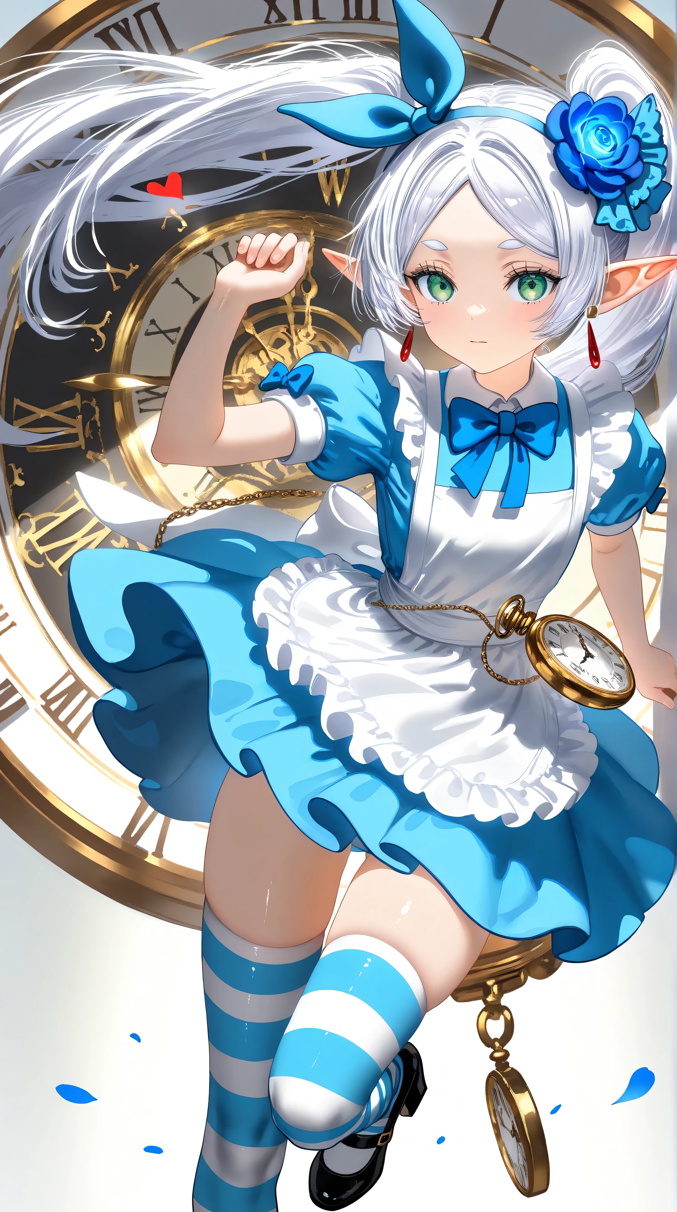 best quality,amazing quality,very aesthetic,absurdres,masterpiece,best quality,newest,highres,absurdres,very awa,shiny skin,(artist:loika:0.5),(artist:xiaoshou xiansheng:0.8),artist:rin31153336,artist:gawako,cowboy shot,1girl,(frieren),pointy ears,elf,round face,green eyes,flat chest,white hair,twintails,(parted bangs),flower,hair ornament,hair flower,long hair,looking at viewer,jumping,blue flower,closed mouth,signature,high heels,(alice (alice in wonderland) (cosplay)),float dress,white apron,blue bow,(bow hair ornament),mary_janes,white and blue striped thighhighs,pocket watch,running,clock background, multiple clocks,white rabbit (alice in wonderland),cheshire cat (alice in wonderland),mad hatter (alice in wonderland),queen of hearts (alice in wonderland)