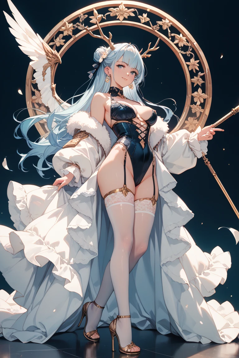 ((best quality)), ((masterpiece)), (detailed), 1girl, Character design, female, dynamic poses, long white grey hair, grey white eyes, very skinny, detailed, best quality, no accesoires around the neck, no shoes, prominent collarbones, skinny arms, flat stomach, visible hip bones, full body, blank white background, plain background, white background, red and white clothing, Bloodborne inspired, occult aesthetic, occult, detailed and intricate steampunk and detailed gothic, NSFW, Very dramatic and cinematic lighting, cosmic horror, grim-dark, side-lighting, perfect face, NSFW, Fluttering lace flared long knee length dress with frilly petticoats, knee length dress, pleated petticoats, petticoats gothic, complex lace boots, side-lighting, gothic aesthetic, wielding a mighty sword with mechanical components, mandalas, small breasts, a fairy, various different types of insect wings, NSFW, full body, whole body, body, plain background, white background, blank background, no background, white background NSFW, chains, full body, whole body, head-to-toe NSFW