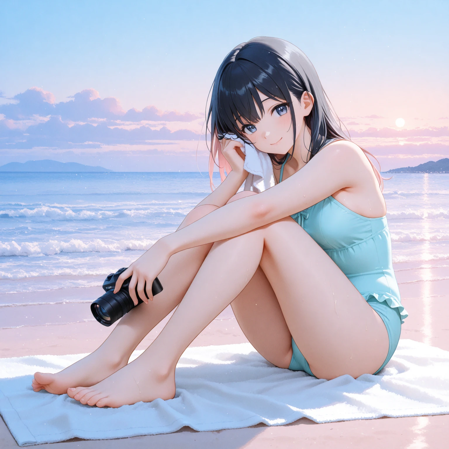 masterpiece((masterpiece)),(White shirt),((JK miniskirt in black)),(white transparent),Lovely,Very shy,(length)hair,Red bow tie,length腿,(There is one on the beach),(Facing the sea),Open belly button,No shoes,(stand up),(Sailor suit),Large Breasts