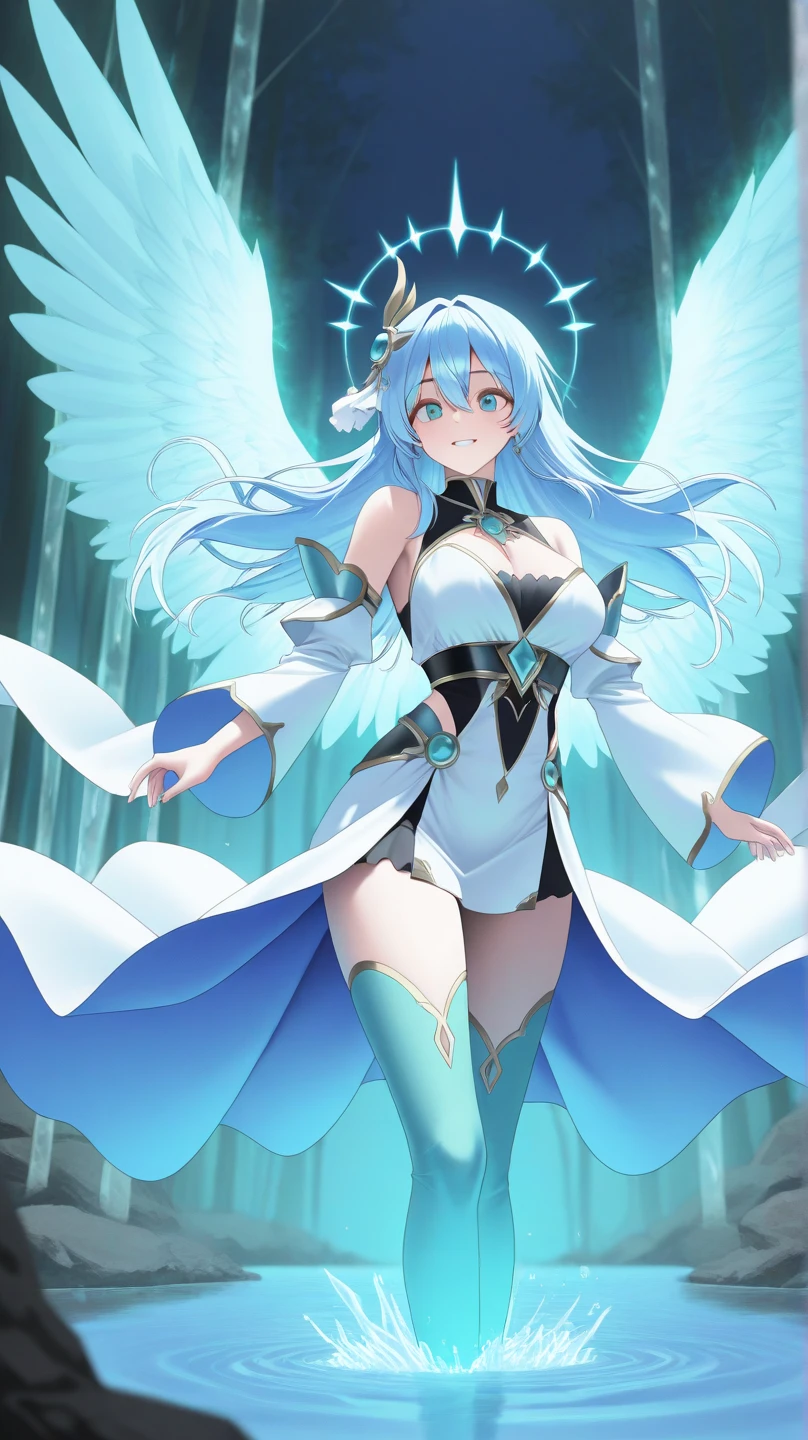 girl with white and light blue hair, diamond armor with white clothes , black gloves, clear blue eyes, white angel wings and a light blue halo showing her breasts