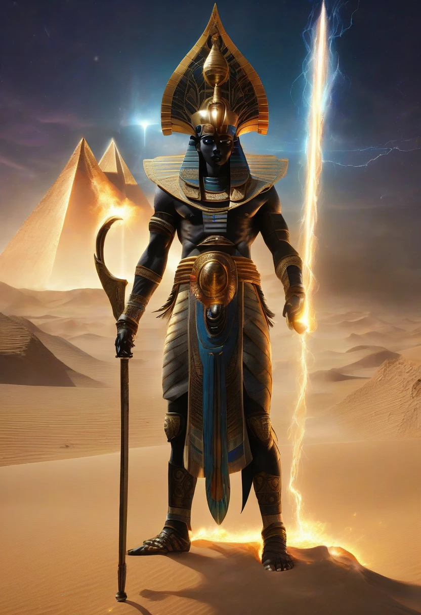 Egypt God, glowing light eyes, Biomechanical, eerie, Creepy, nightmarish, Very bright colors, Light particles, with light glowing, Mshiff, wallpaper art,full body details,Armer full body, smoke ,UHD wallpaper