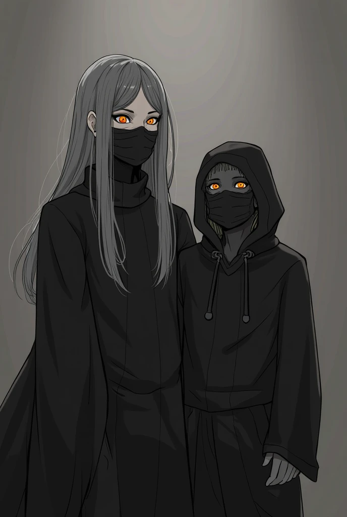Teen girl, with long black hair and pale skin, he has one her eyes blue, and the other one purple. She is wearing a black body and baggy jeans, the image is in MHA style