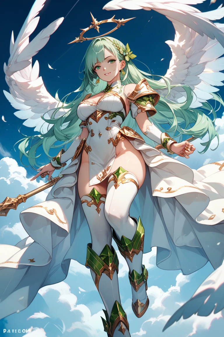 4K,High resolution,One Woman,Harpy,Green Hair,Long Ponytail,Braid,Blue Eyes,Big Breasts,White Wings,Golden toenails,Valkyrie,Female Pope,Goddess Dress,White sacred armor,Winged headgear,Jewelry decoration,Castle in the Sky