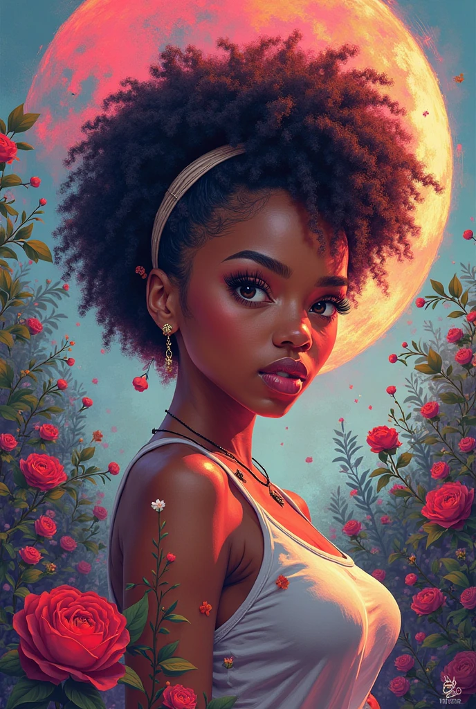 The prompt to generate a Stable Diffusion image with the theme "A black girl in a jardim tranquilo" pode ser:
"(melhor qualidade, high resolution, illustration:1.2), long eyelashes, rich ebony skin, Ethiopian characteristics, jardim tranquilo, soft lighting, atmosfera sonhadora, magical world, Detalhes intrincados, sorriso gentil, summer breeze, Ambiente alegre, moist skin, cabelo ondulado, traje fluido, Flores desabrochando, Notas alegres, retrato natural, jogo de luz e sombra, alma serena, pose elegante, subtle expression, olhos encantadores, Sorriso cativante, flawless makeup, flores misteriosas, Exquisite Patterns, rolagem horizontal, ambiente tranquilo"