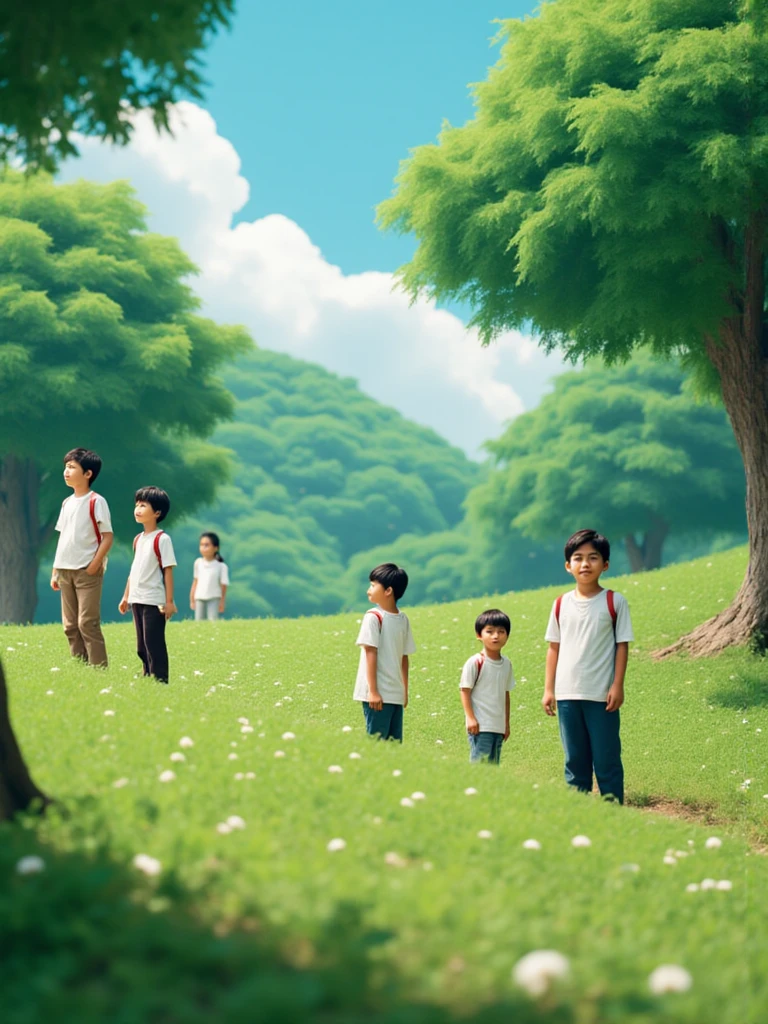 Two adult boy friends walk in big forest