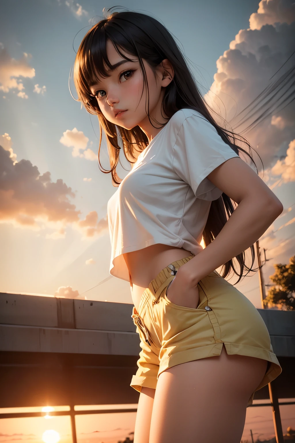 (((Browsing Caution))), (RAW Photos:1.2), (Realistic), Beautiful detailed girl, Very detailedな目と顔, Narrow and beautiful eyes, Large file size, High resolution, Very detailed, highest quality, [Tabletop:1.6], shape, Very detailed, Finer details, highest quality, 8k wallpaper, Cinema Lighting, Three 15-year-old Japanese girls, Empty Grassland, A strong wind blowing from the bottom up, White one piece skirt, The skirt flips up in the wind,  White panties are visible, Long hair fluttering in the wind, Slender body, Young Face, Small breasts, Exposed panties,  Looking back from behind, Cloudy, 