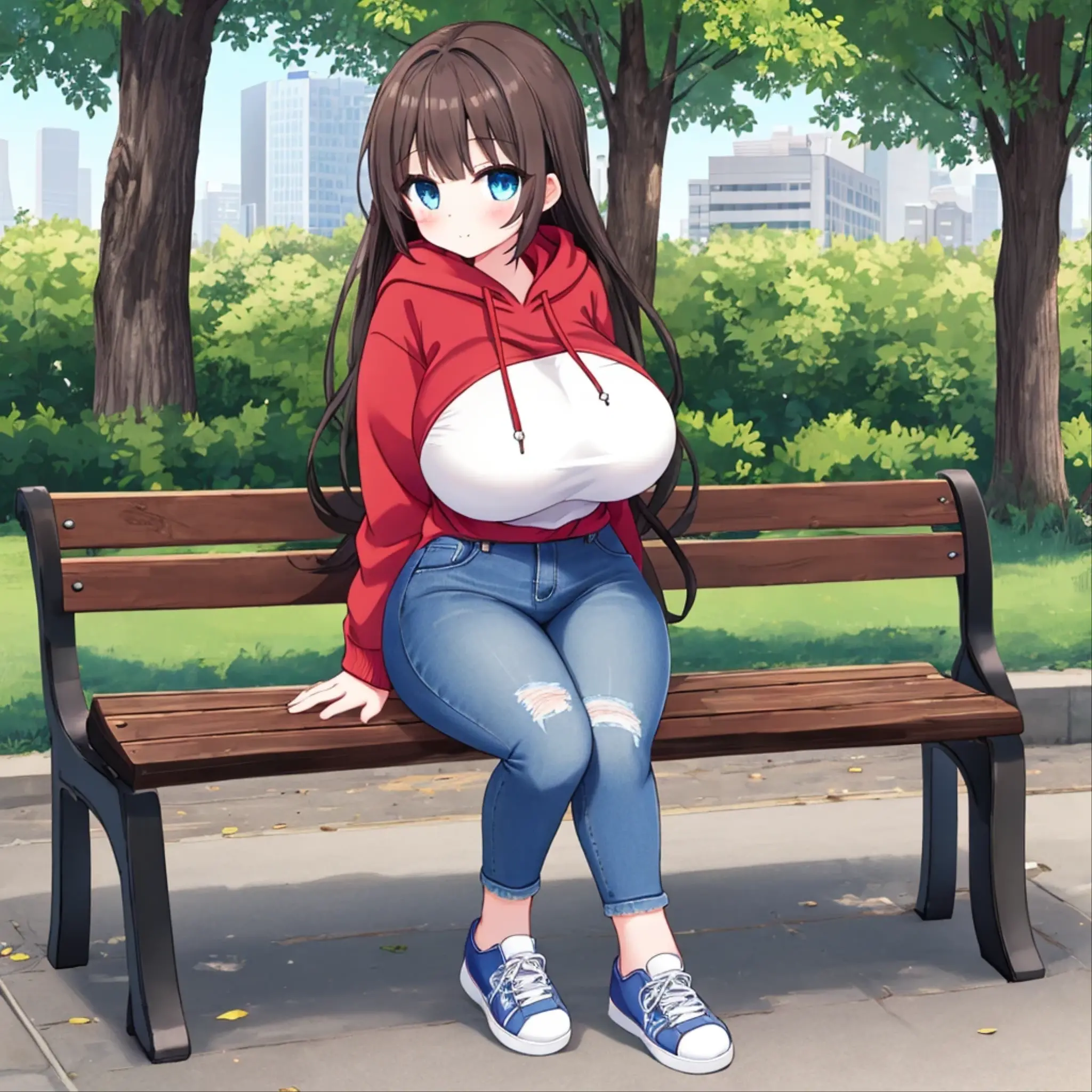A Cute Girl, Long Dark-Brunette hair, Beautiful Blue eyes, very Busty, wide hips, and is very short. Wearing an old tight Red Hoodie, Heavily-worn Dark-Blue Jeans, and Grey Sneakers. Sitting on a wooden bench in a Park, in a big city.