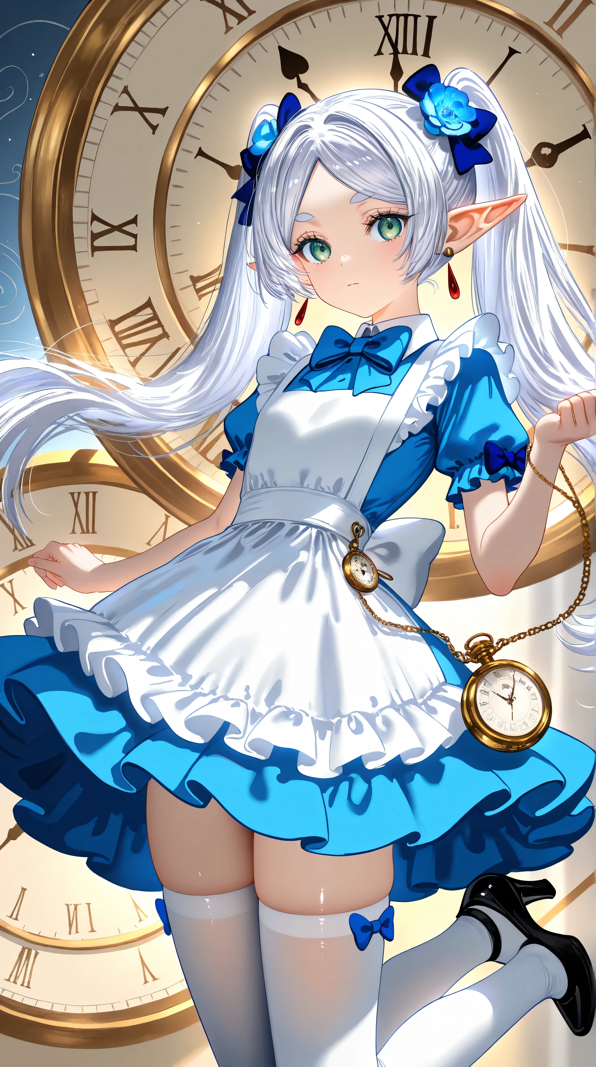 best quality,amazing quality,very aesthetic,absurdres,masterpiece,best quality,newest,highres,absurdres,very awa,shiny skin,(artist:loika:0.5),(artist:xiaoshou xiansheng:0.8),artist:rin31153336,artist:gawako,cowboy shot,1girl,(frieren),pointy ears,elf,round face,green eyes,flat chest,white hair,twintails,(parted bangs),flower,hair ornament,hair flower,long hair,looking at viewer,jumping,leaning back,blue flower,closed mouth,high heels,(alice (alice in wonderland) (cosplay)),float dress,white apron,blue bow,(bow hair ornament),mary_janes,white thighhighs,pocket watch,clock background, multiple clocks,white rabbit (alice in wonderland),cheshire cat (alice in wonderland),mad hatter (alice in wonderland),queen of hearts (alice in wonderland)