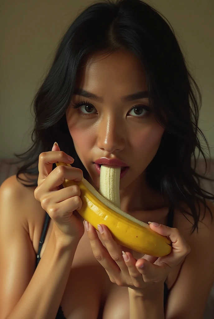 realistic sexy malaysian girl , sucking a banana , wet mouth , banana in the mouth , full body picture