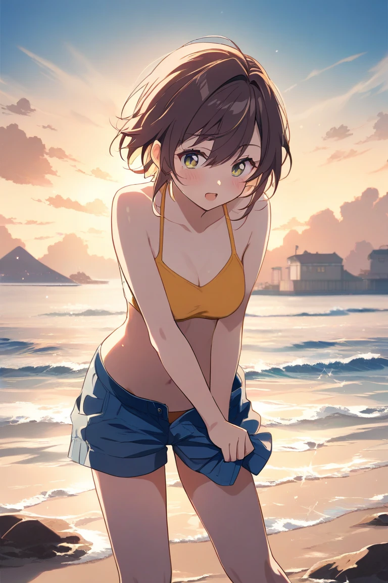 ((Masterpiece)), ((best quality)), (Anime:1.5), (RAW photo:1.2),(High Definition:1.3), (Professional Photography:1.2), ((12 years old)), wide shot, (sunset), Very messy medium hair, (slightly exposed small breast), Beautiful small breasts, (Tattered tube top, torn tube top), no bra, dirty, Slender body, (Waving), (rusty, dirty room), Sweaty skin, Smiling face, Textured skin, Cat ears, Pale brown hair, Cute Beautiful Girl, (View of the sea and slums)
