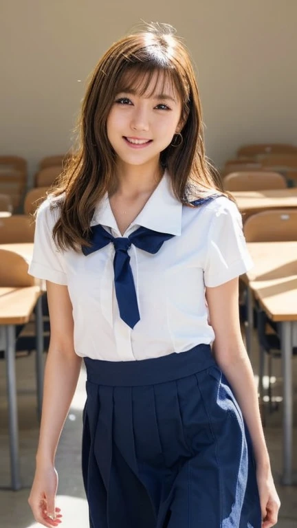 highest quality, japanese girl, 8K, Raw photo, highest quality, 1人の美しいjapanese girl, 18-year-old,japanese idol, gal、curly hair、cute smile、my heart flutters、 outside、cutting of、emphasize、overflowing from the uniform、big breasts, (sitting on the desk:1.1), (school uniform), (spread your legs:1.2),
(school classroom background:1.1)、