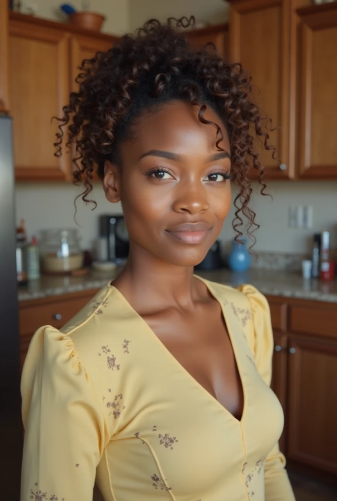 ((Dark African skin, Very deep ebony skin)), ((Its beauty undeniable)), ((Excited cute face)), ((Hyper detailed perfect eyes,)), ((pose mignonne)), ((Langue sortie)), ((Seductive )), cooking, (( baggy clothes)), ((Afro ponytail with long African curly hair,)), (( peau)), ((debout, vue de face)), ((home, kitchen, cooking)), Sharp Focus CGI, photoreallistic, High detail, Realstic, Masterpiece, absurdes, Best quality, Hdr, High quality, high-definition, Extremely detailed, 8k wallpaper, Intricate details, 8K UHD, Full-HD, (photo realist:1.2), contraste, intense illumination, lighting cinematic, natural lighting, veilleuse, Nuit, Illumination globale, Ambient occlusion in the kitchen, a la piscine African women、Female sexy、working 、baggy clothes in the kitchen、sodden、She's cooking, cooking pasta