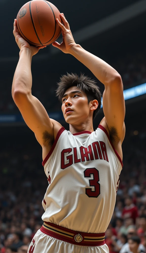1boy, Shohei Ohtani, basketball player, dunk shoot, from below, cinematic angle, audience well up, detailed facial features, realistic, hyper-realistic, photorealistic, (best quality,4k,8k,highres,masterpiece:1.2),ultra-detailed,(realistic,photorealistic,photo-realistic:1.37),studio lighting,vivid colors,dramatic lighting,
